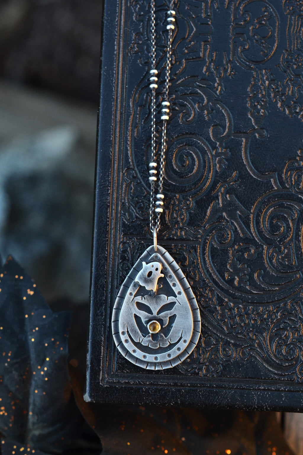 Jolly Jack-O-Lantern Charm Necklace - Citrine - 20" Chain Included