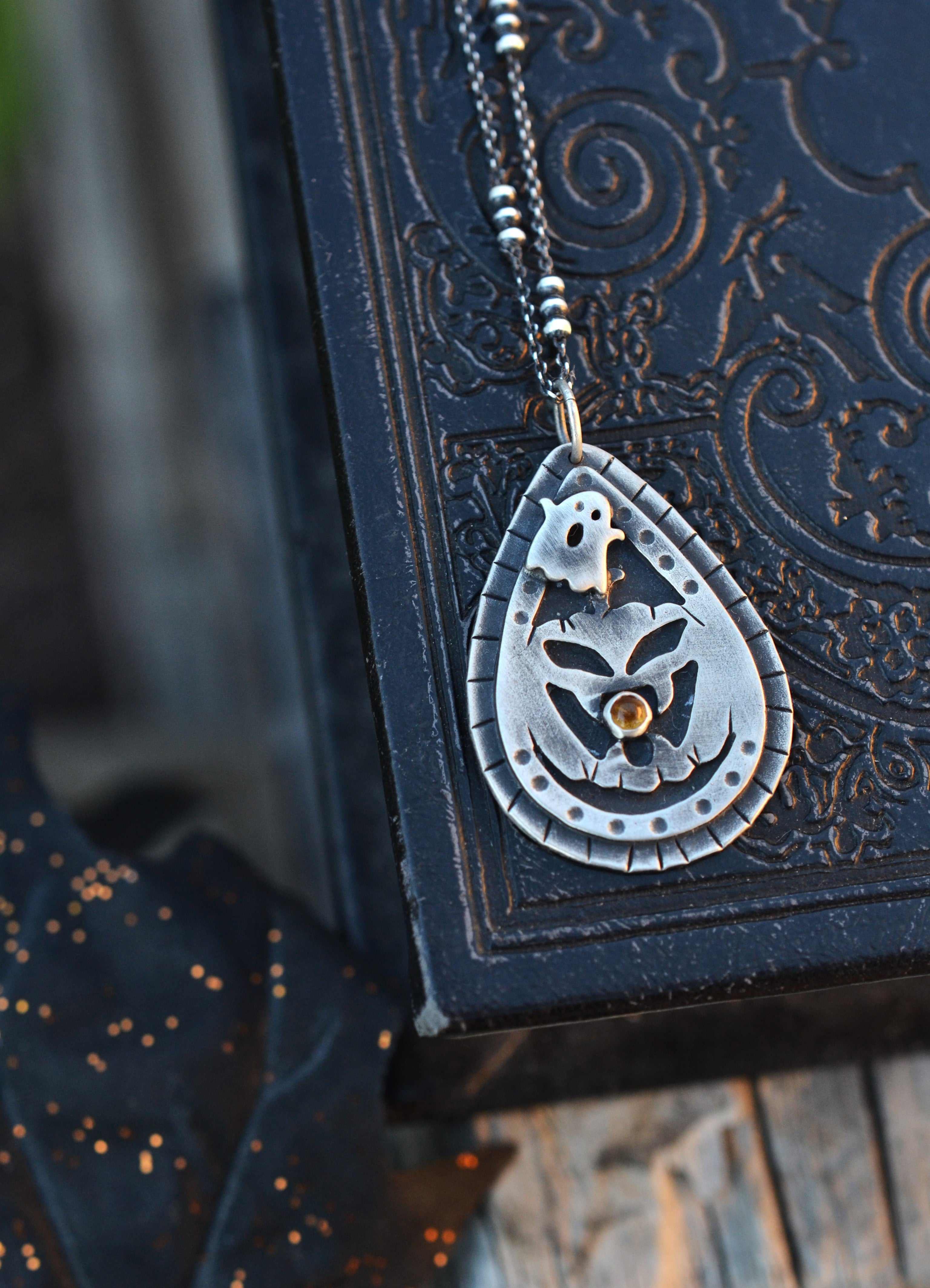 Jolly Jack-O-Lantern Charm Necklace - Citrine - 20" Chain Included