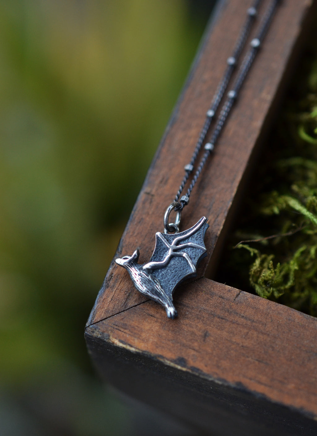 Flying Bat Charm Necklace -  18" Beaded Chain Included