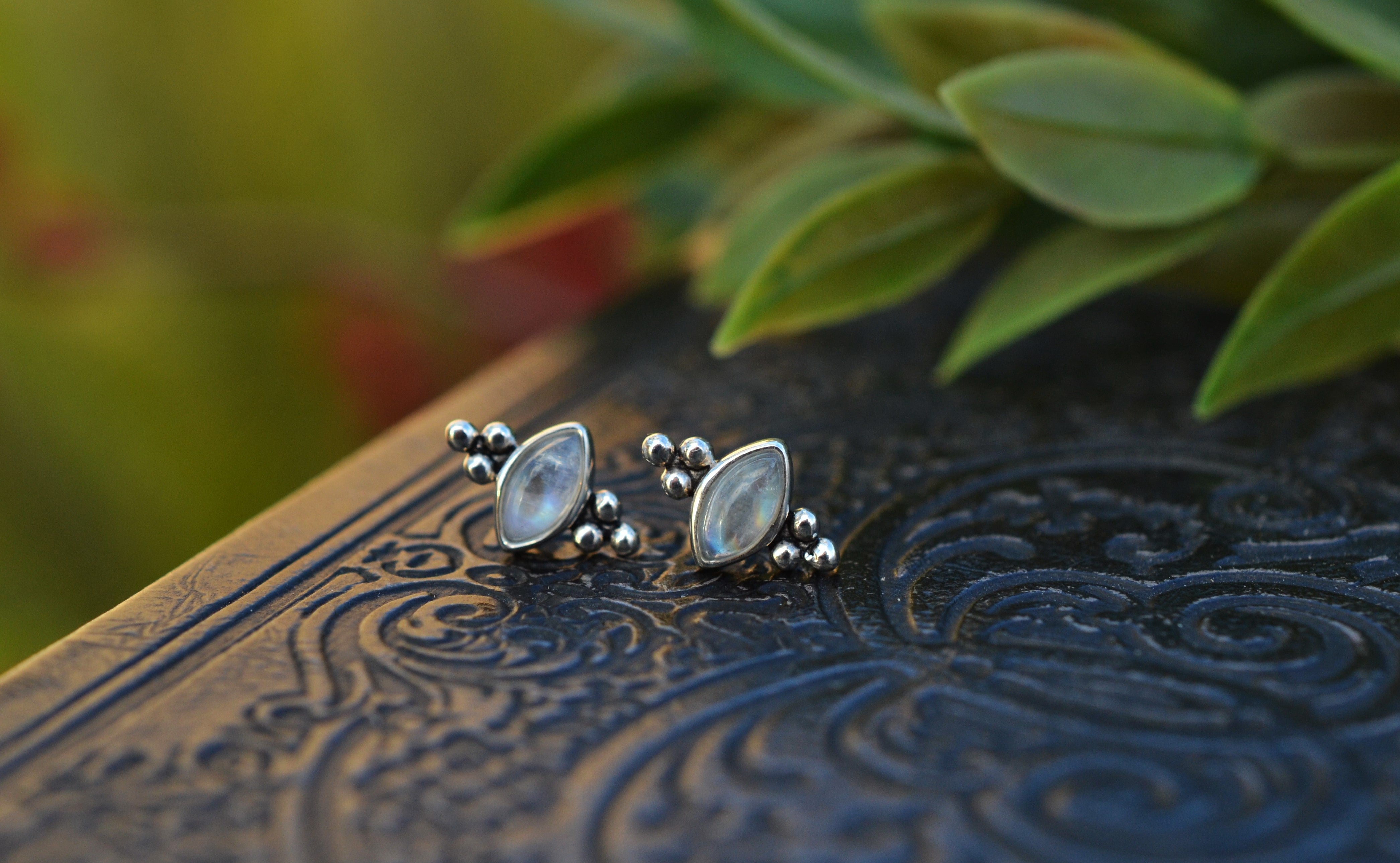 Winter's Snow Stud Earrings - Rainbow Moonstone - One pair