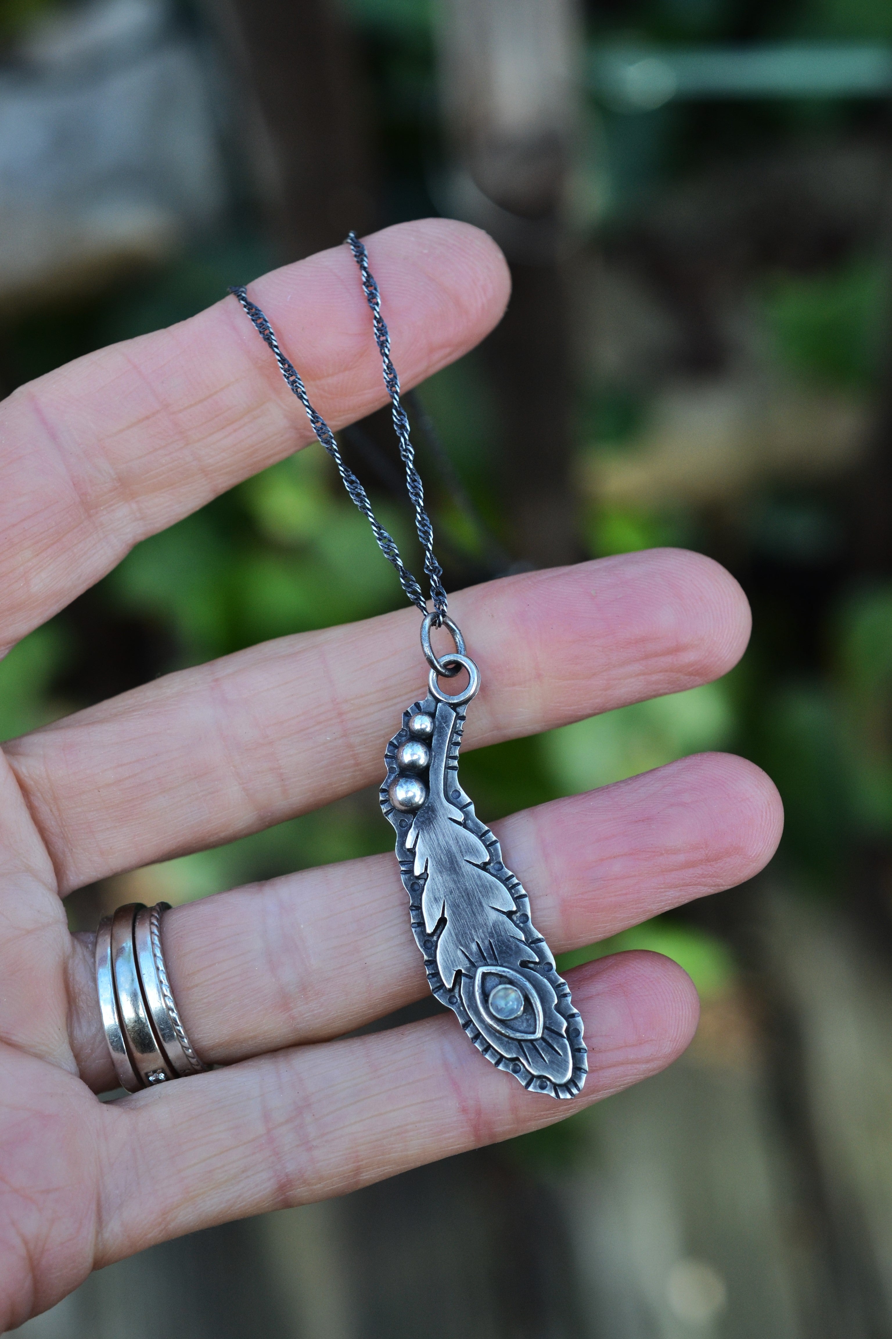 All Seeing Eye Feather Pendant - Rainbow Moonstone - 20" Chain