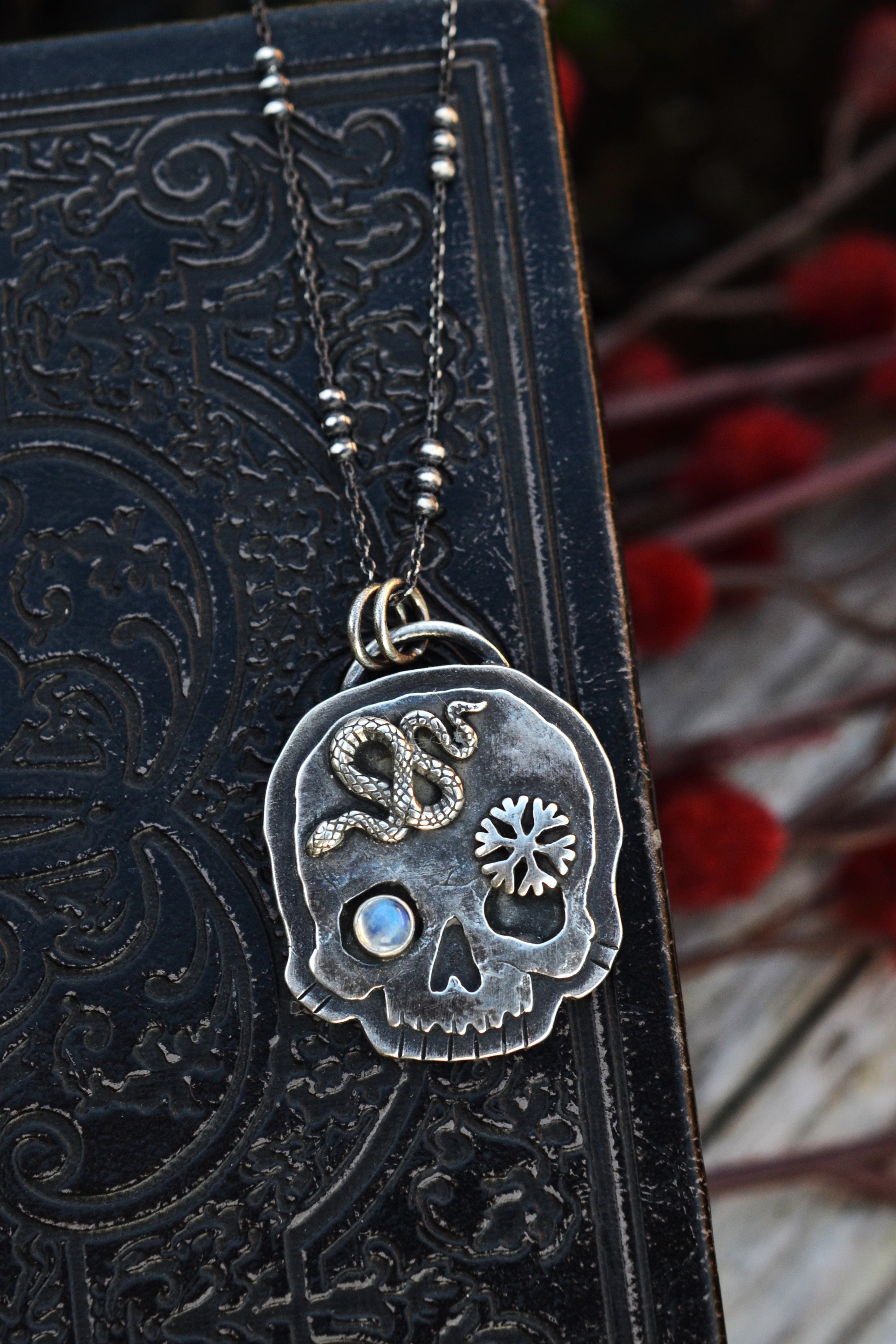 Skull Charm - Snake/Snowflake - Rainbow Moonstone - 20" Chain Included