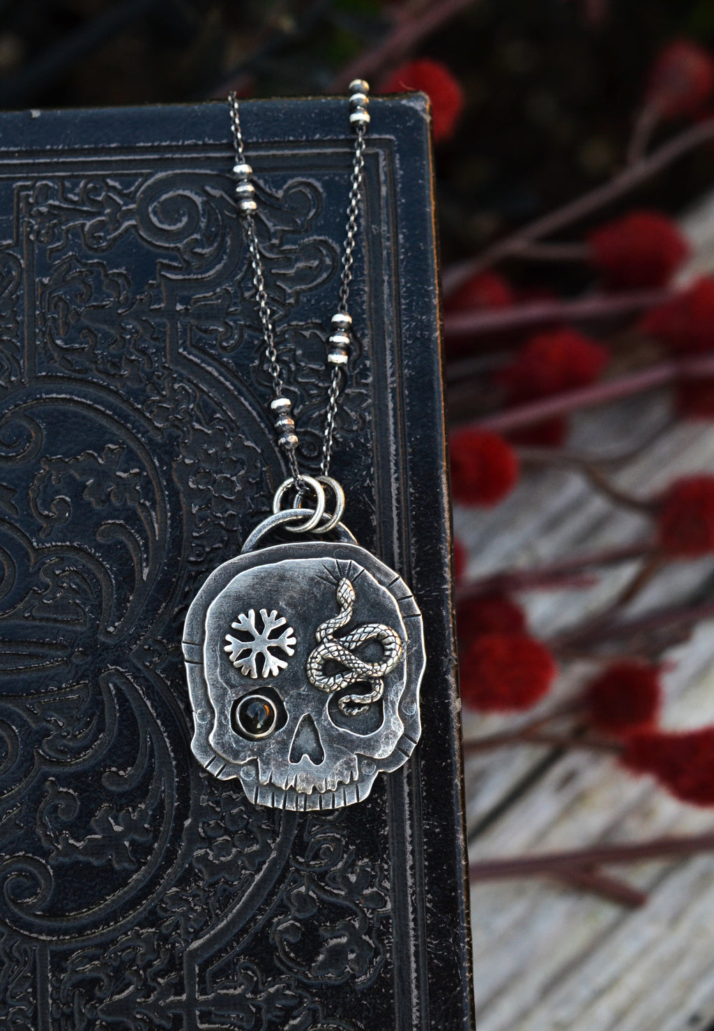 Skull Charm - Snake/Snowflake - Black Star Diopside - 18" Chain Included