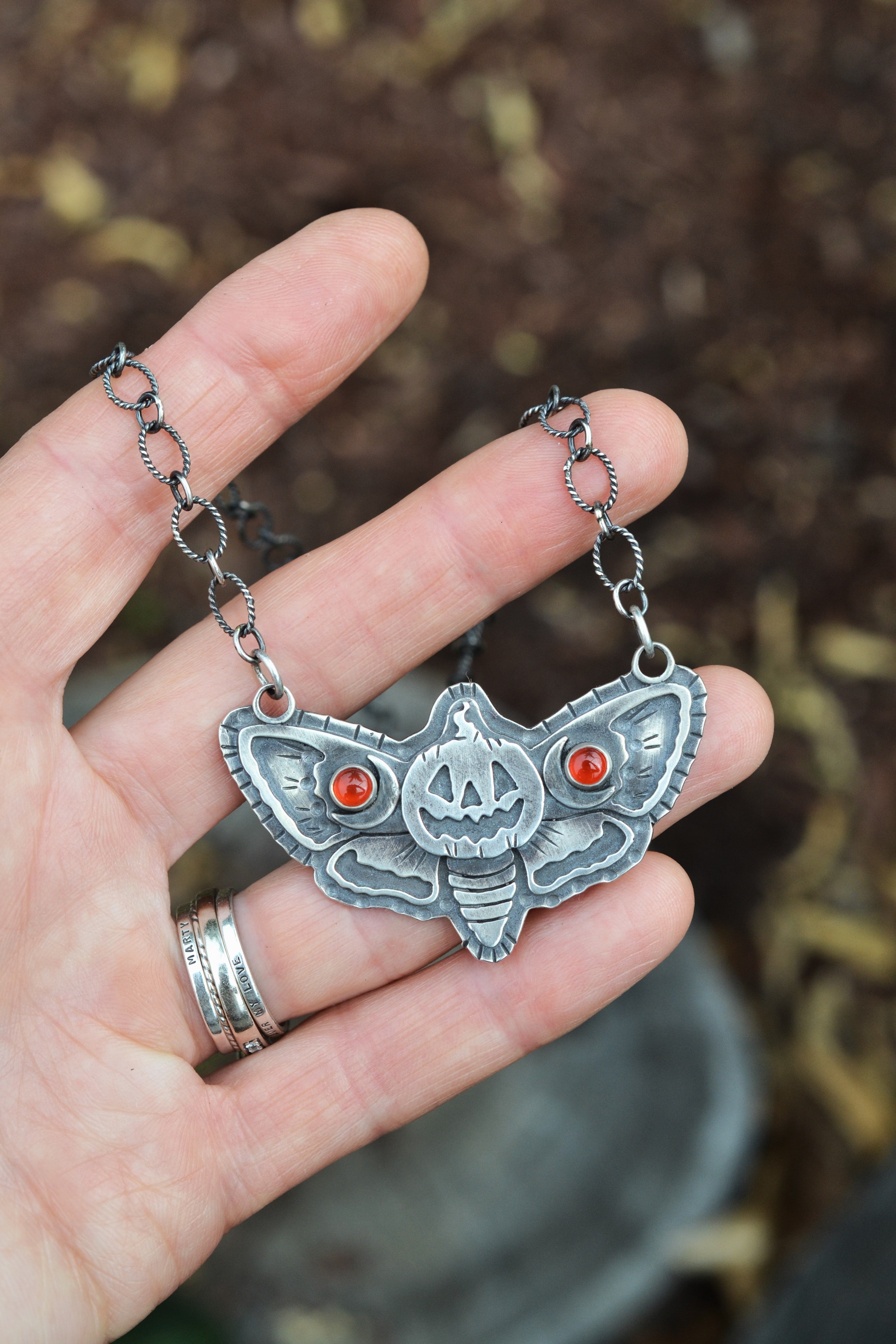 Jack-O-Lantern Moth- Carnelian - 16" Chain with 2" Extender to 18"