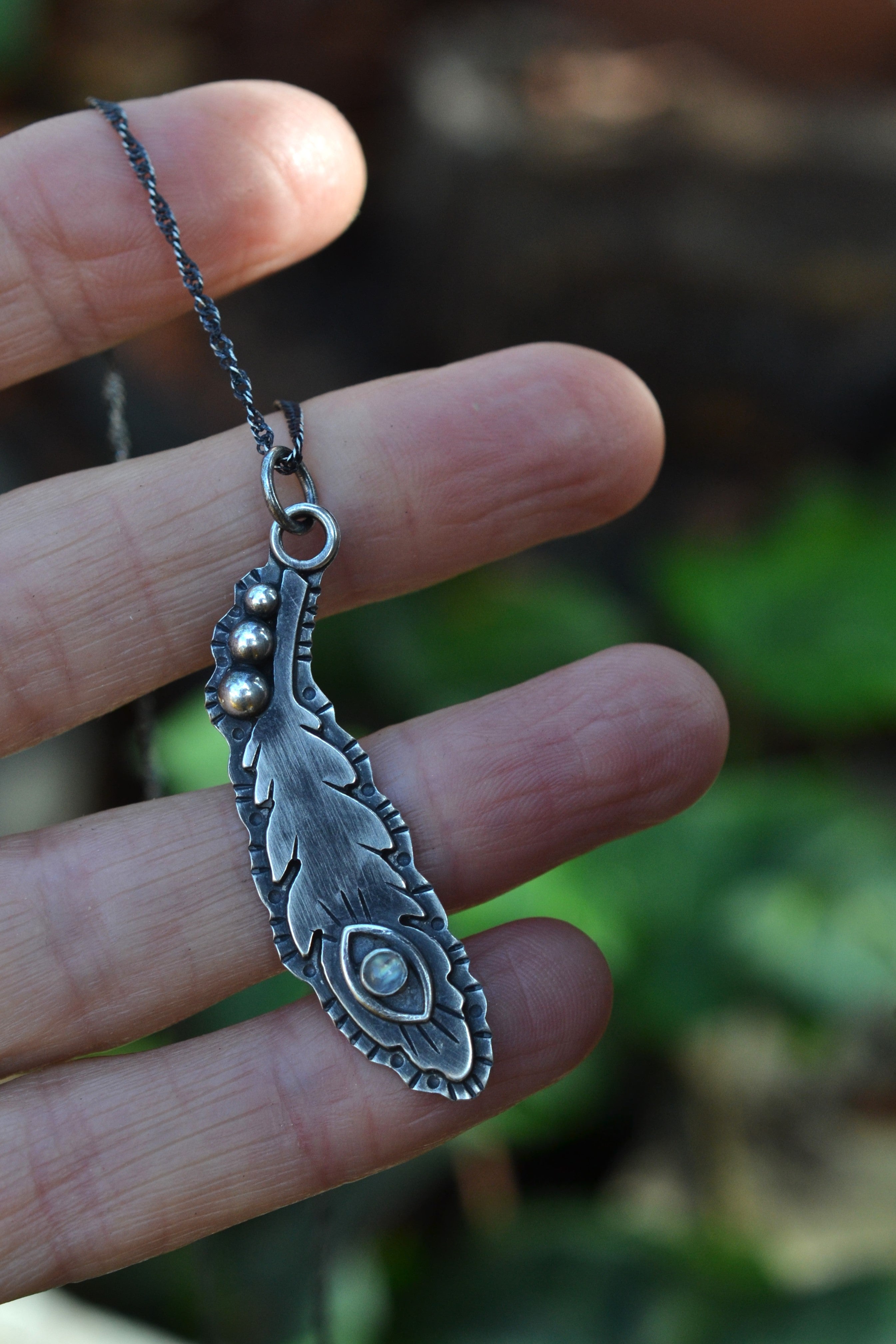All Seeing Eye Feather Pendant - Rainbow Moonstone - 20" Chain
