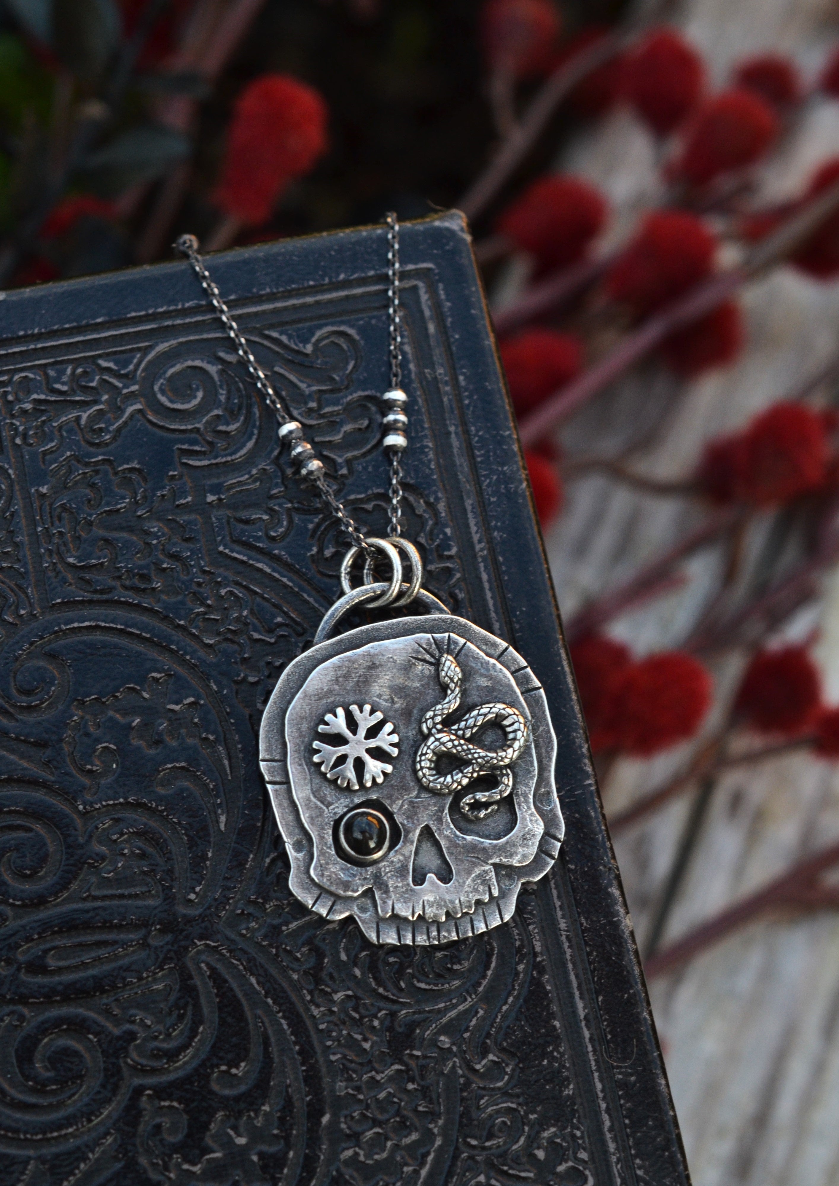 Skull Charm - Snake/Snowflake - Black Star Diopside - 18" Chain Included