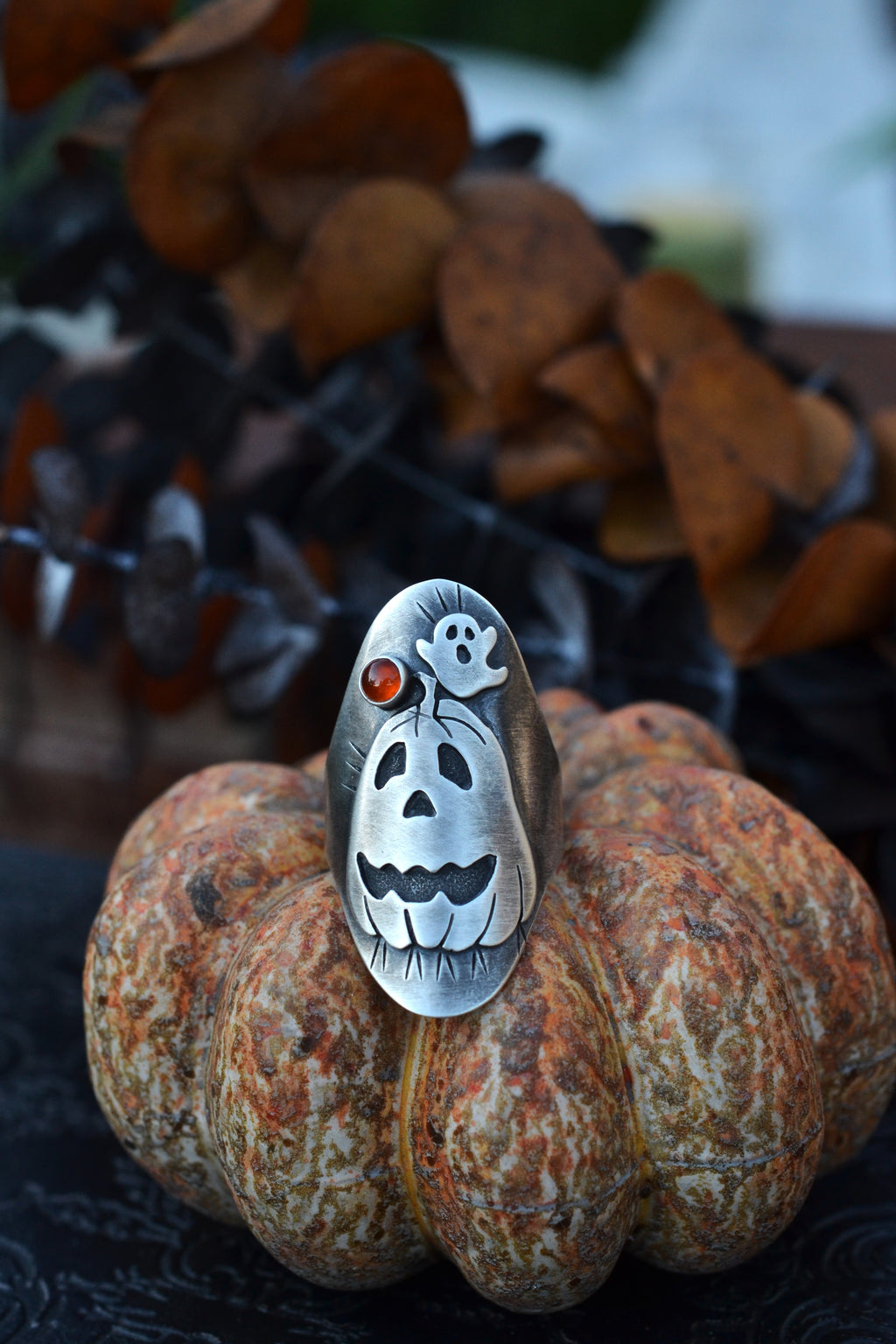 Jack-0-Lantern Ghost Ring - Hessonite Garnet - Will Fit Like a Size 9