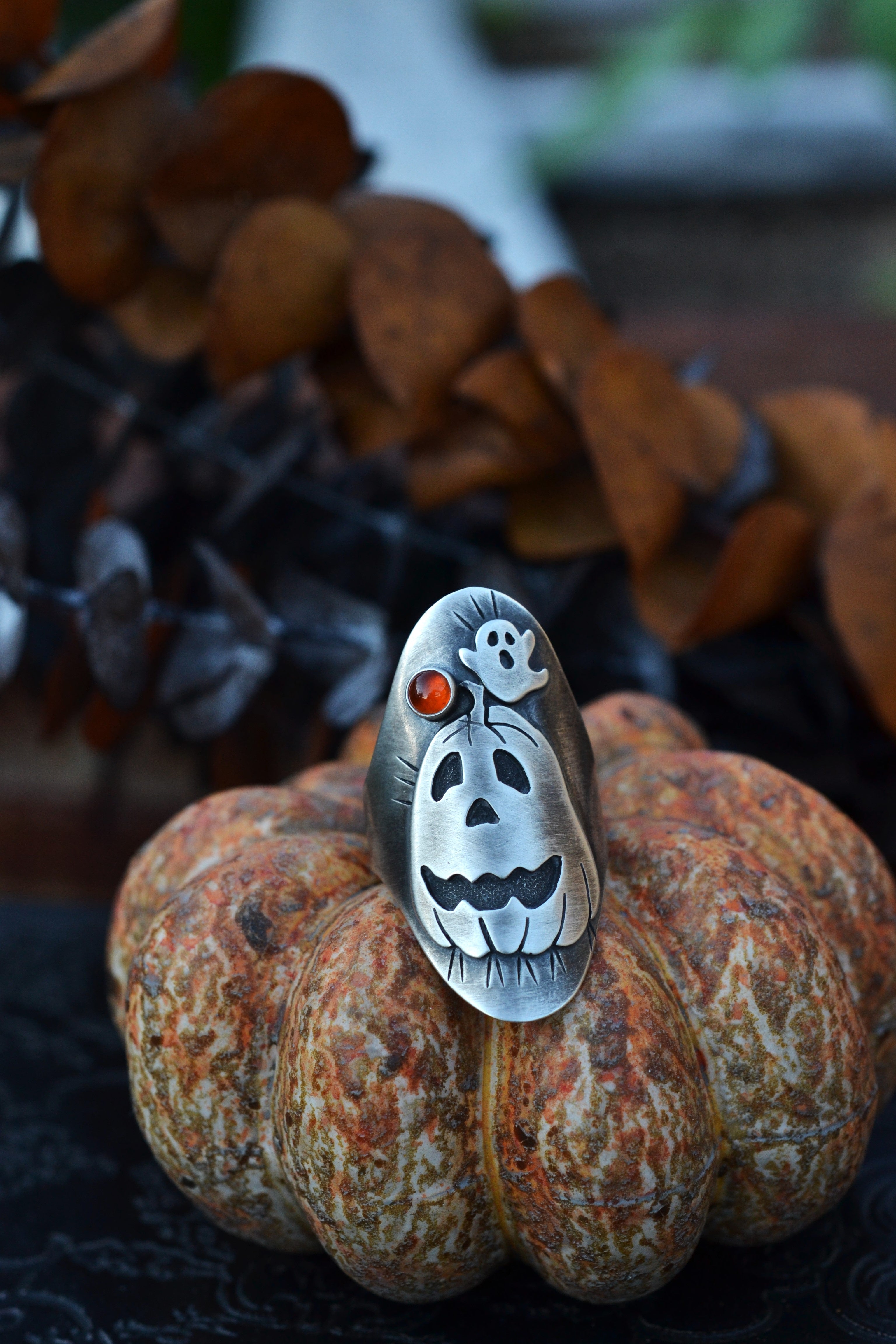 Jack-0-Lantern Ghost Ring - Hessonite Garnet - Will Fit Like a Size 9