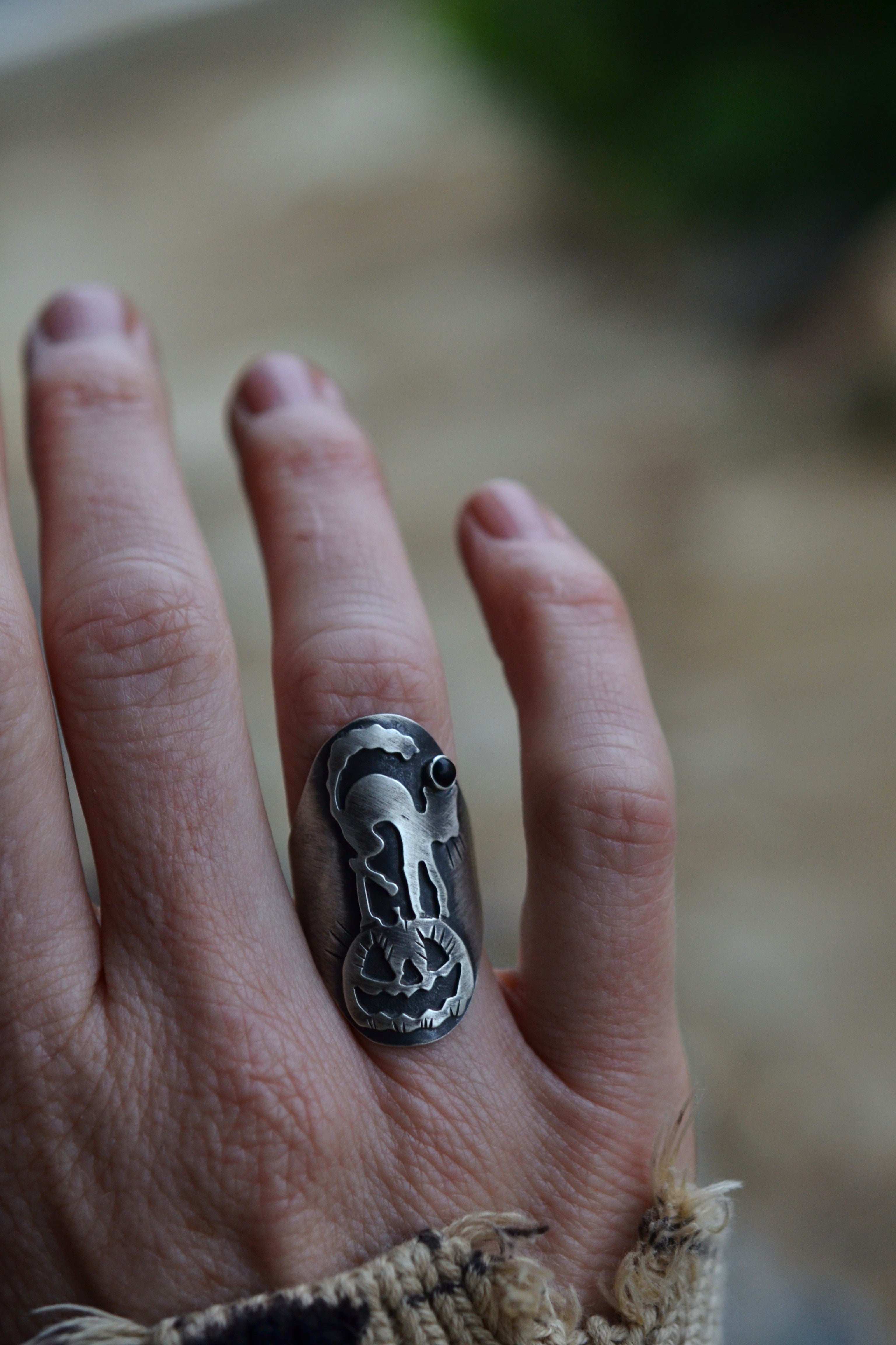 Scredy Cat / Jack-0-Lantern Ring - Black Onyx - Will Fit Like a Size 6