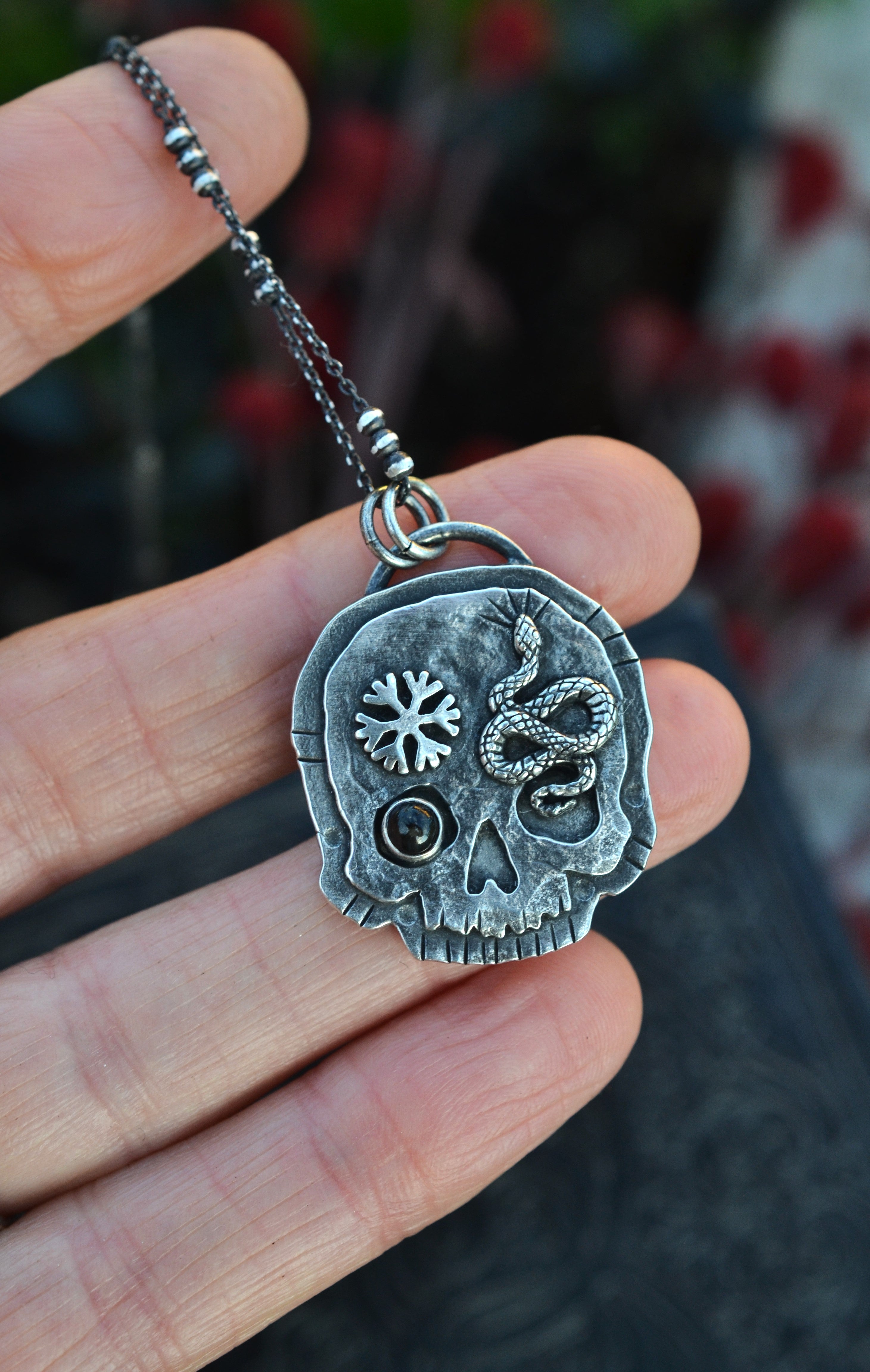 Skull Charm - Snake/Snowflake - Black Star Diopside - 18" Chain Included