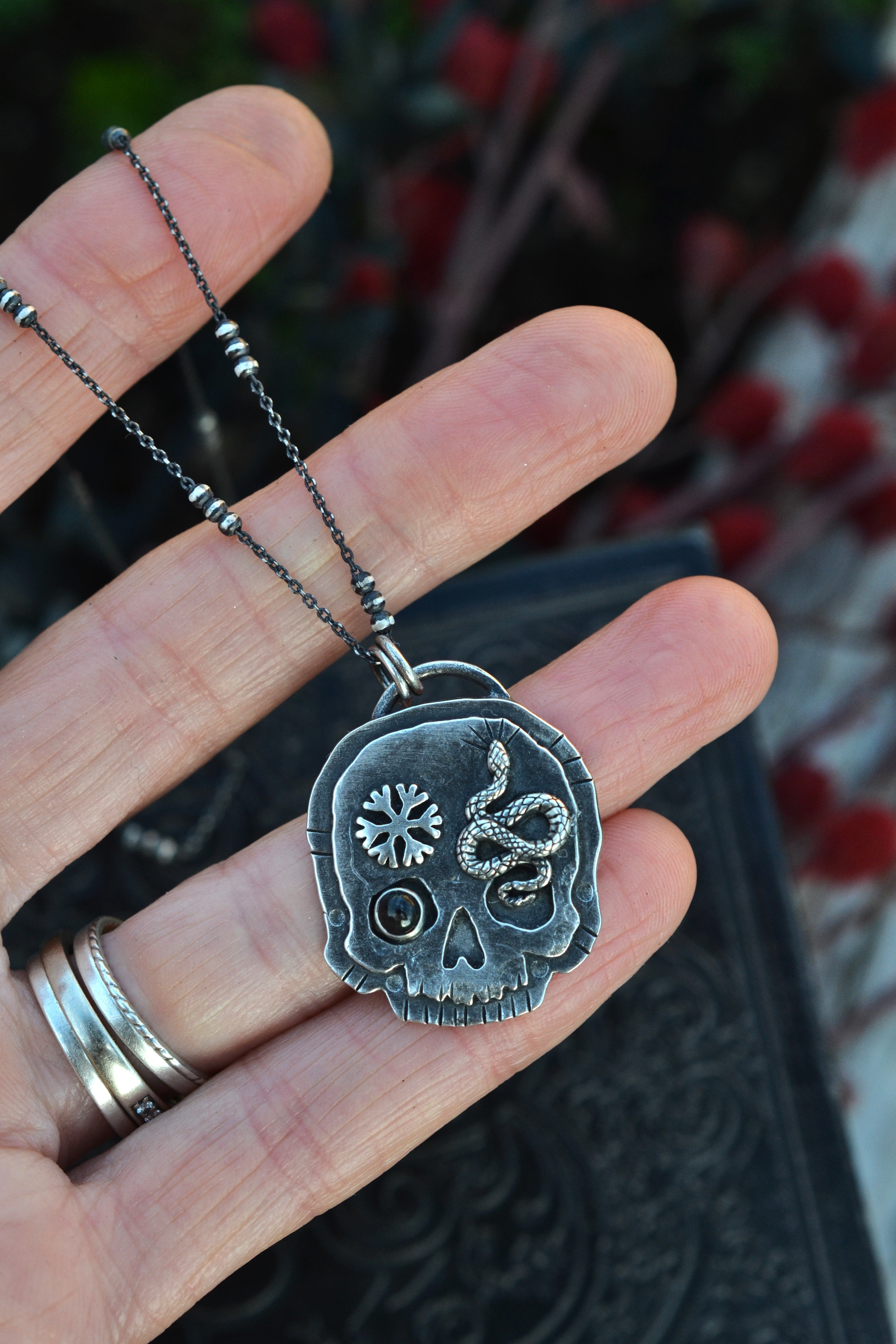 Skull Charm - Snake/Snowflake - Black Star Diopside - 18" Chain Included