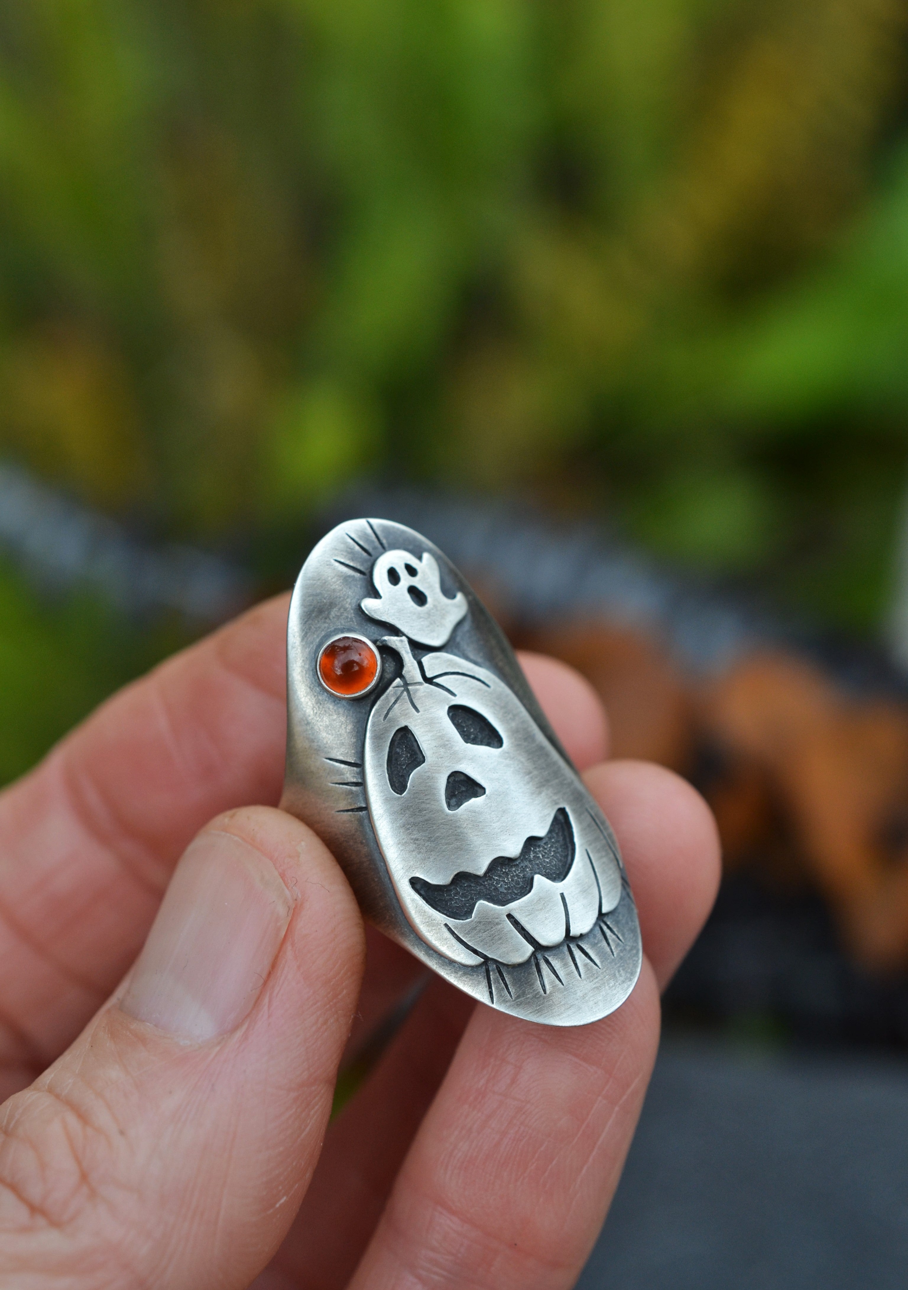 Jack-0-Lantern Ghost Ring - Hessonite Garnet - Will Fit Like a Size 9