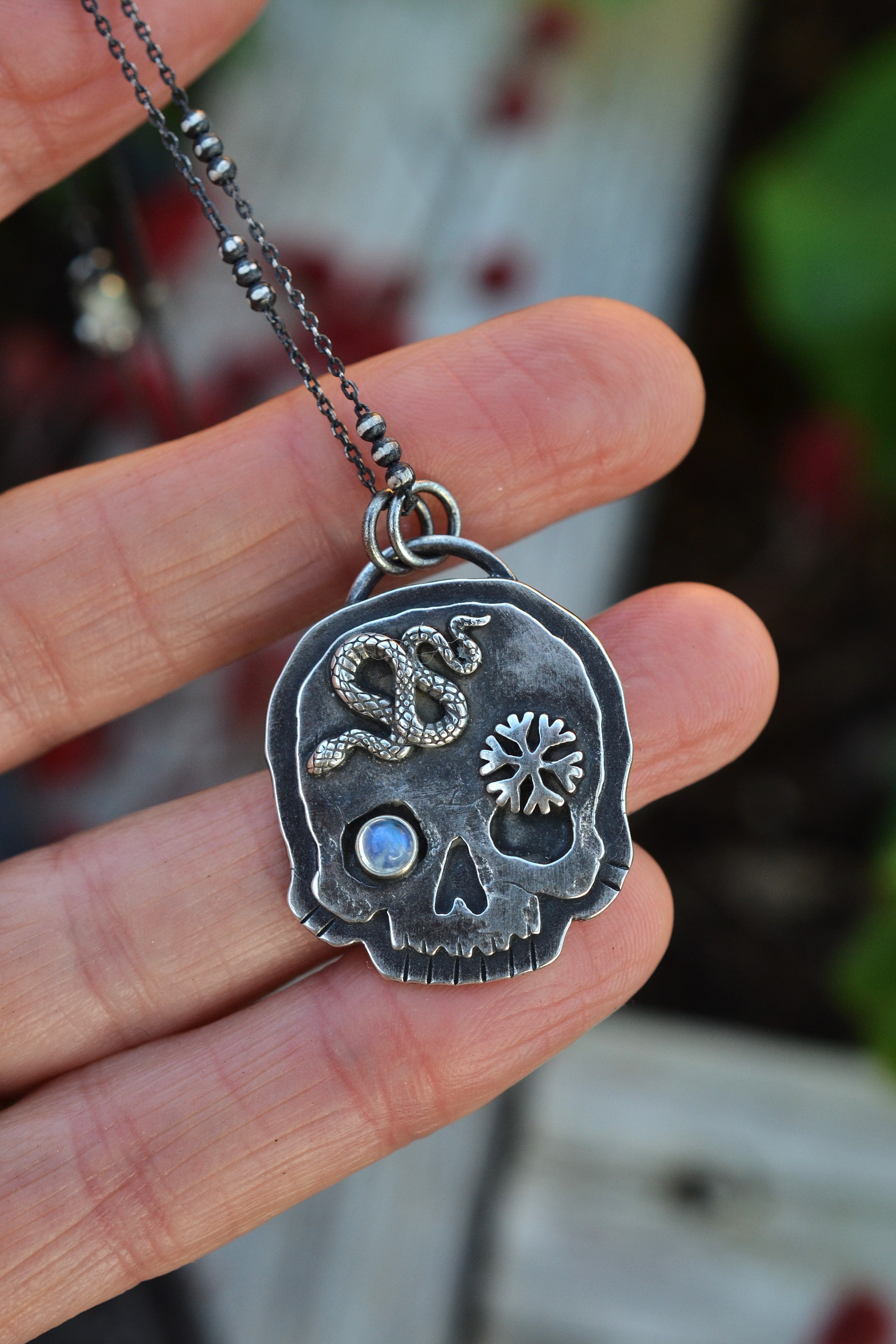 Skull Charm - Snake/Snowflake - Rainbow Moonstone - 20" Chain Included