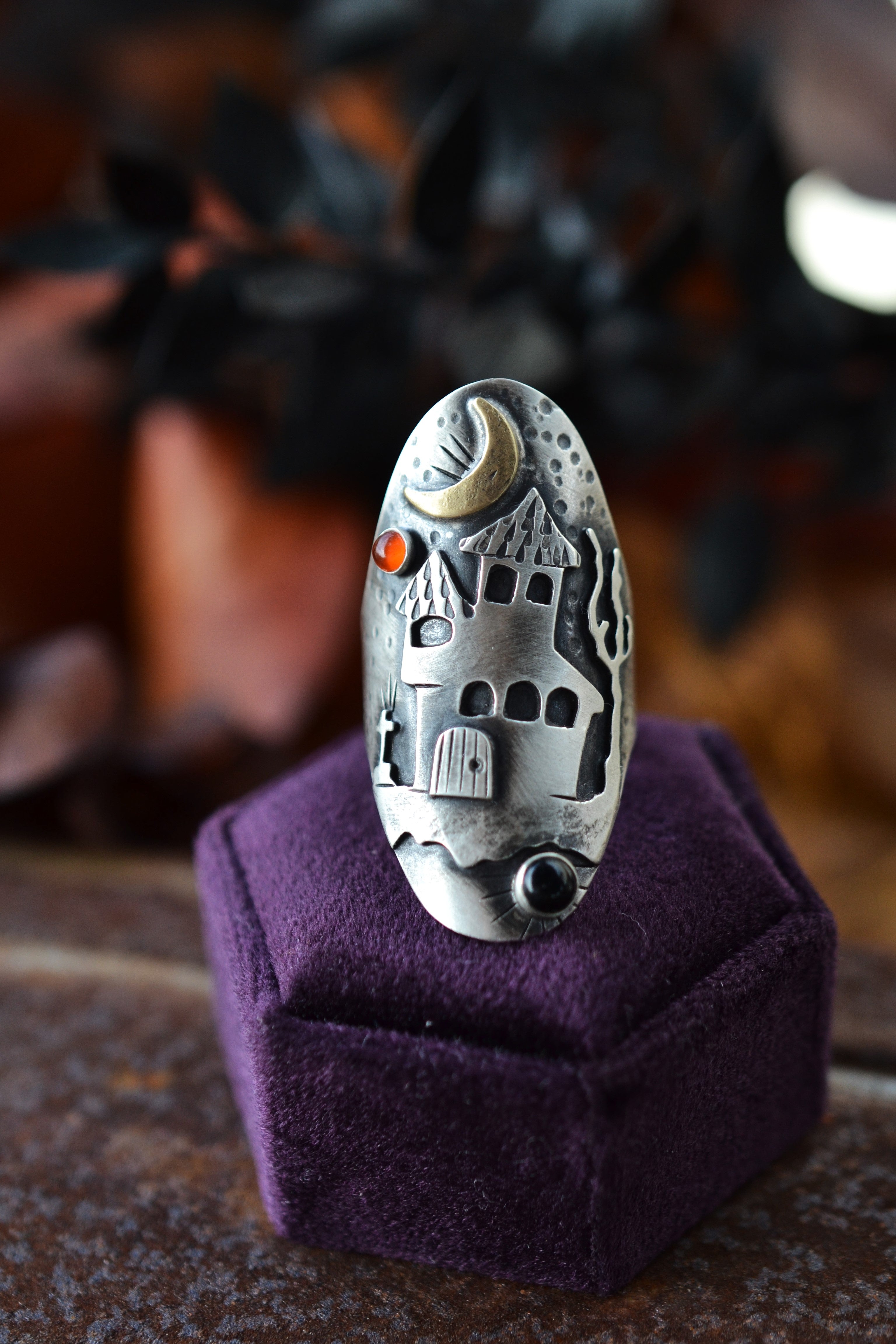 Haunted Witch House Ring - Black Onyx and Carnelian - Will fit like a size 8