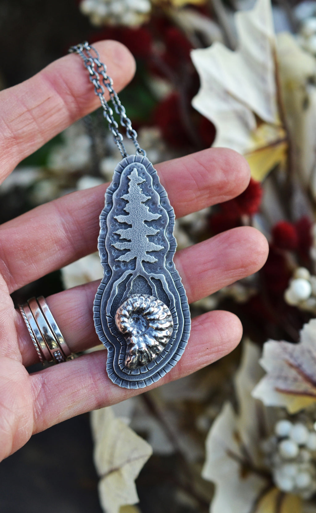 Triple Layer Evergreen Pendant - Sterling Ammonite - 16" & 18" Adjustable Chain Included