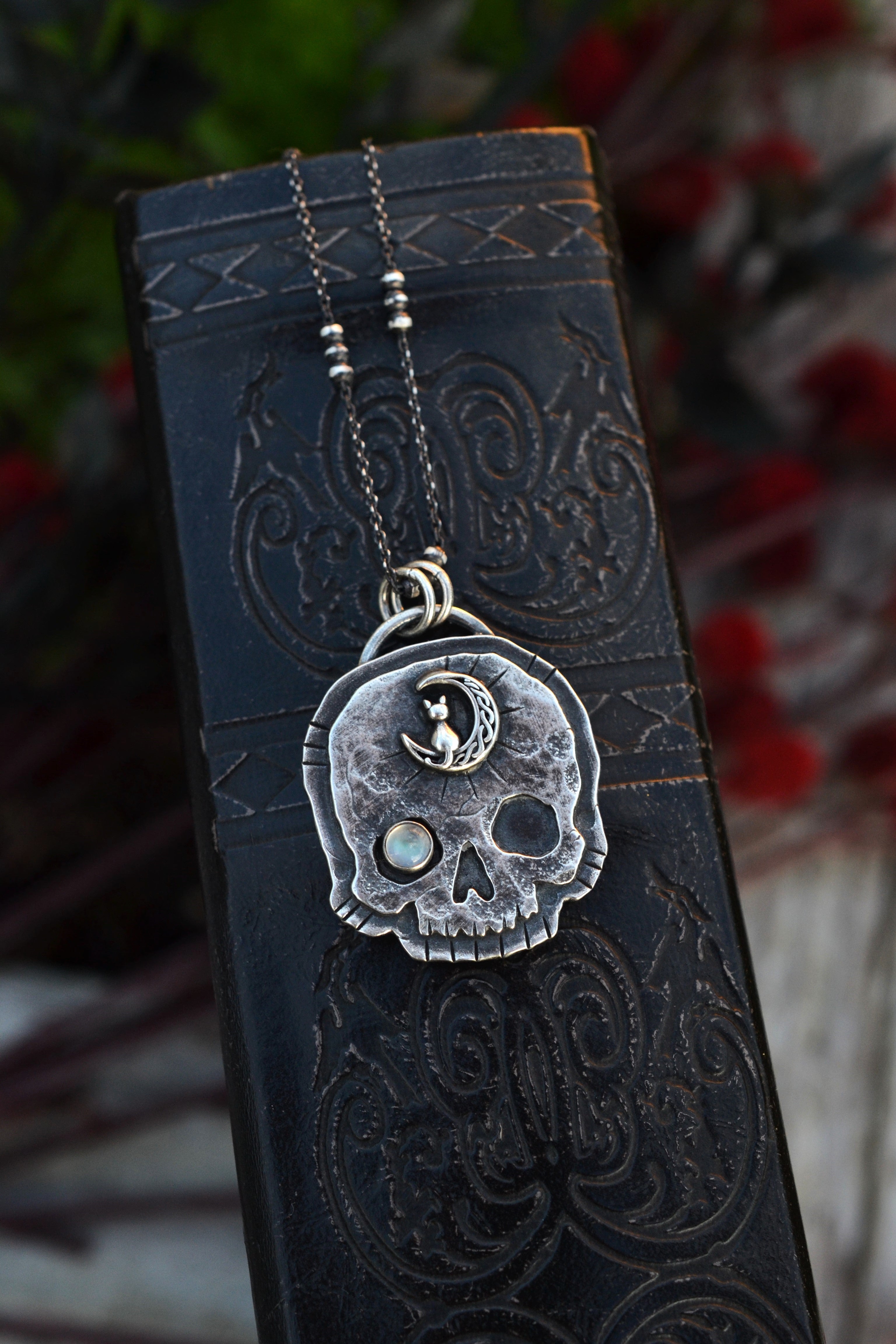 Skull Charm - Cat in Moon - Rainbow Moonstone - 18" Chain Included