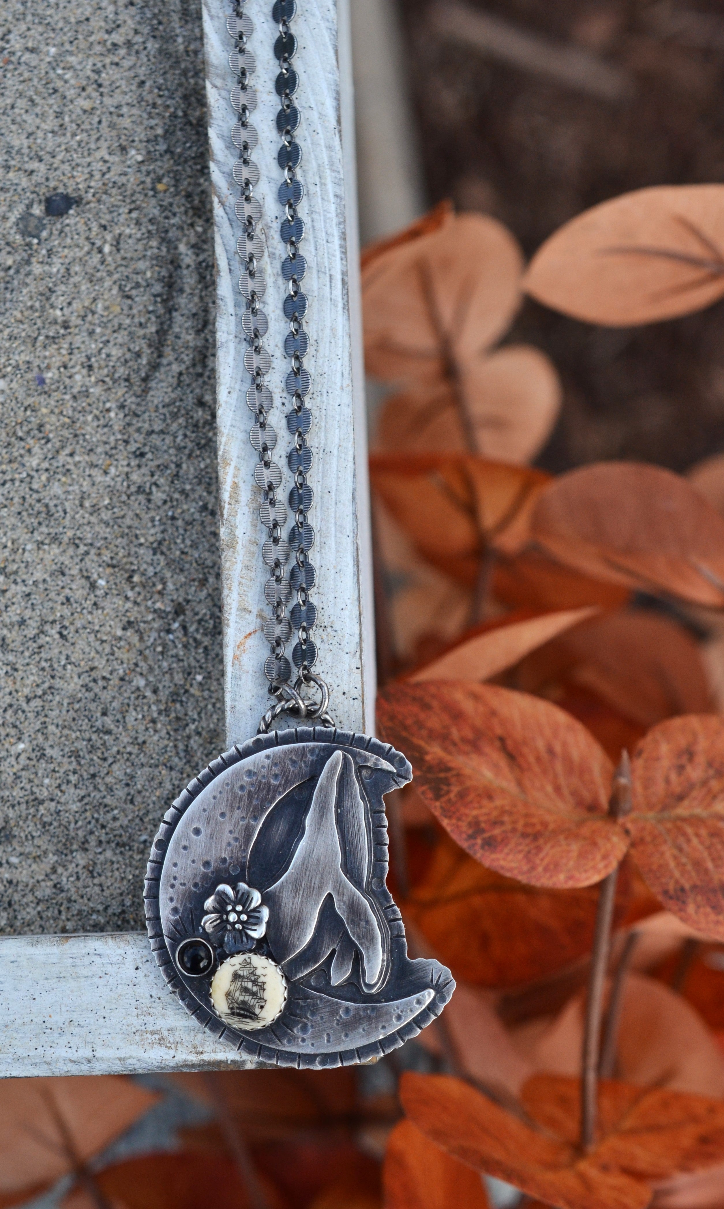 Breaching Whale Tall Ship Moon Statement Necklace - OOAK -  Adjustable chain at 16" and 20"