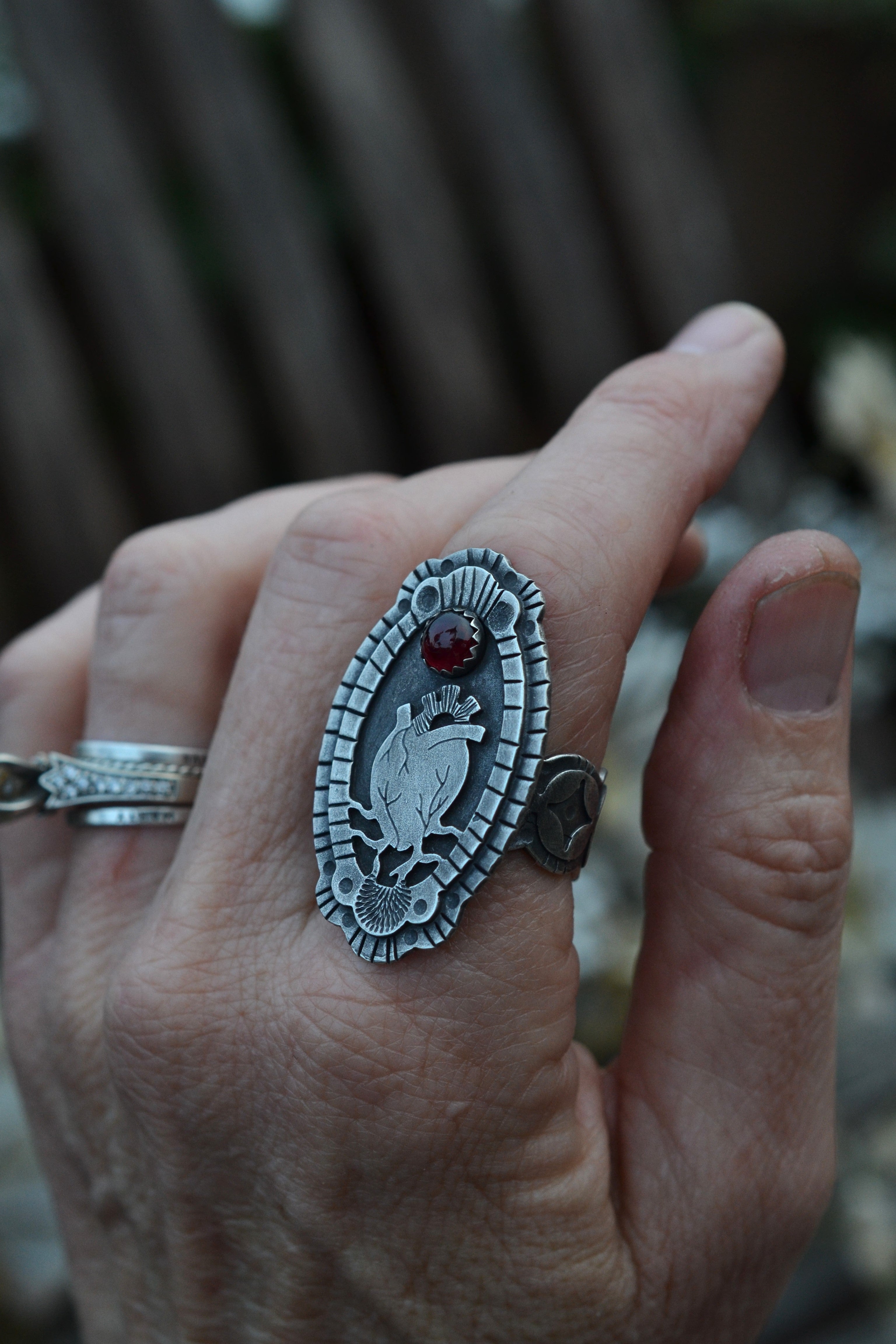 Anatomical Heart Cameo Ring - Garnet - Size 10