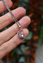 Only 2 Available! Midnight Moon Cat Charm Necklace - Sterling Silver - 18" Chain Included