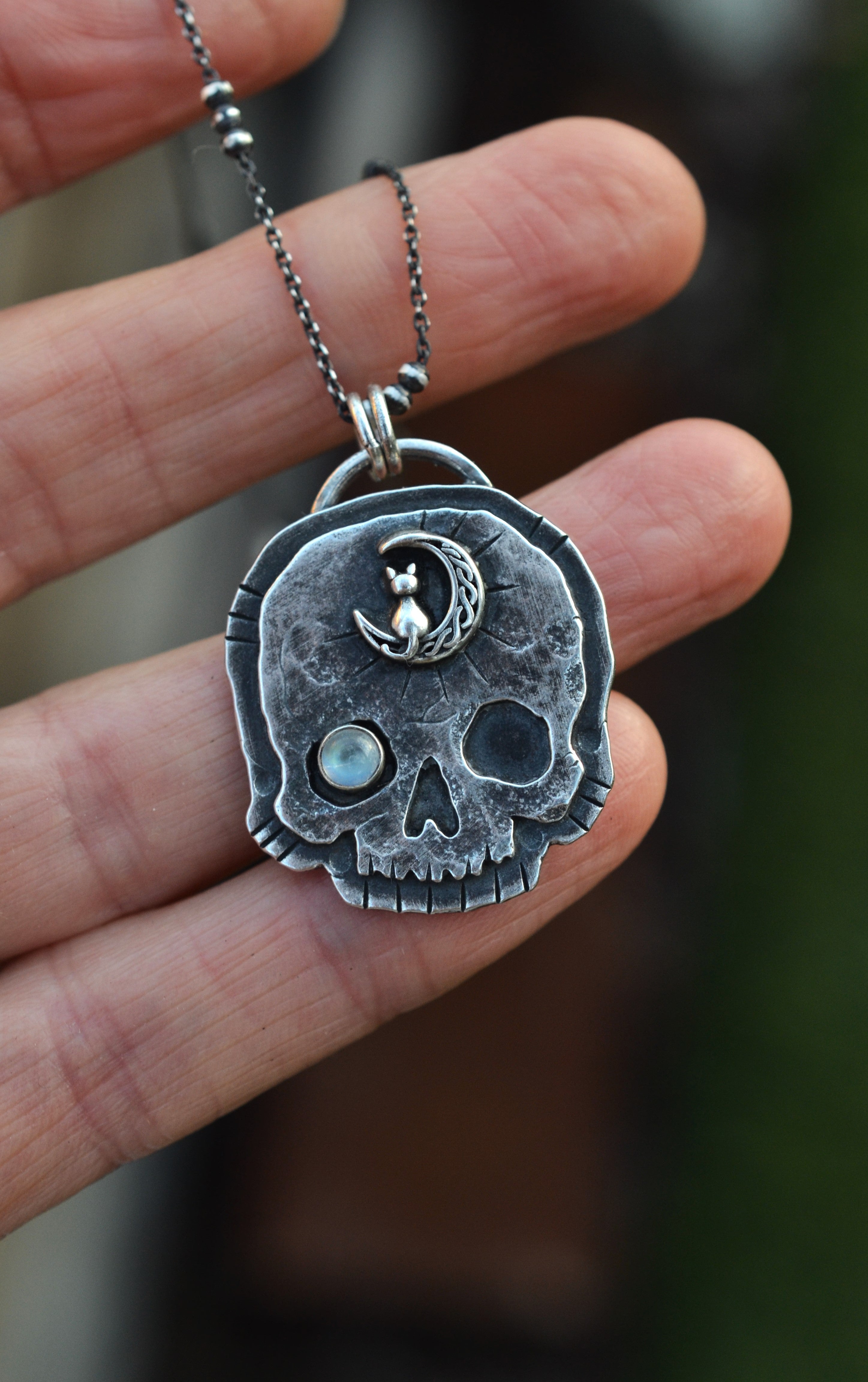 Skull Charm - Cat in Moon - Rainbow Moonstone - 18" Chain Included