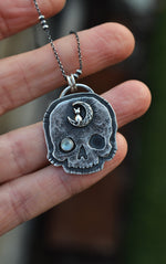 Skull Charm - Cat in Moon - Rainbow Moonstone - 18" Chain Included