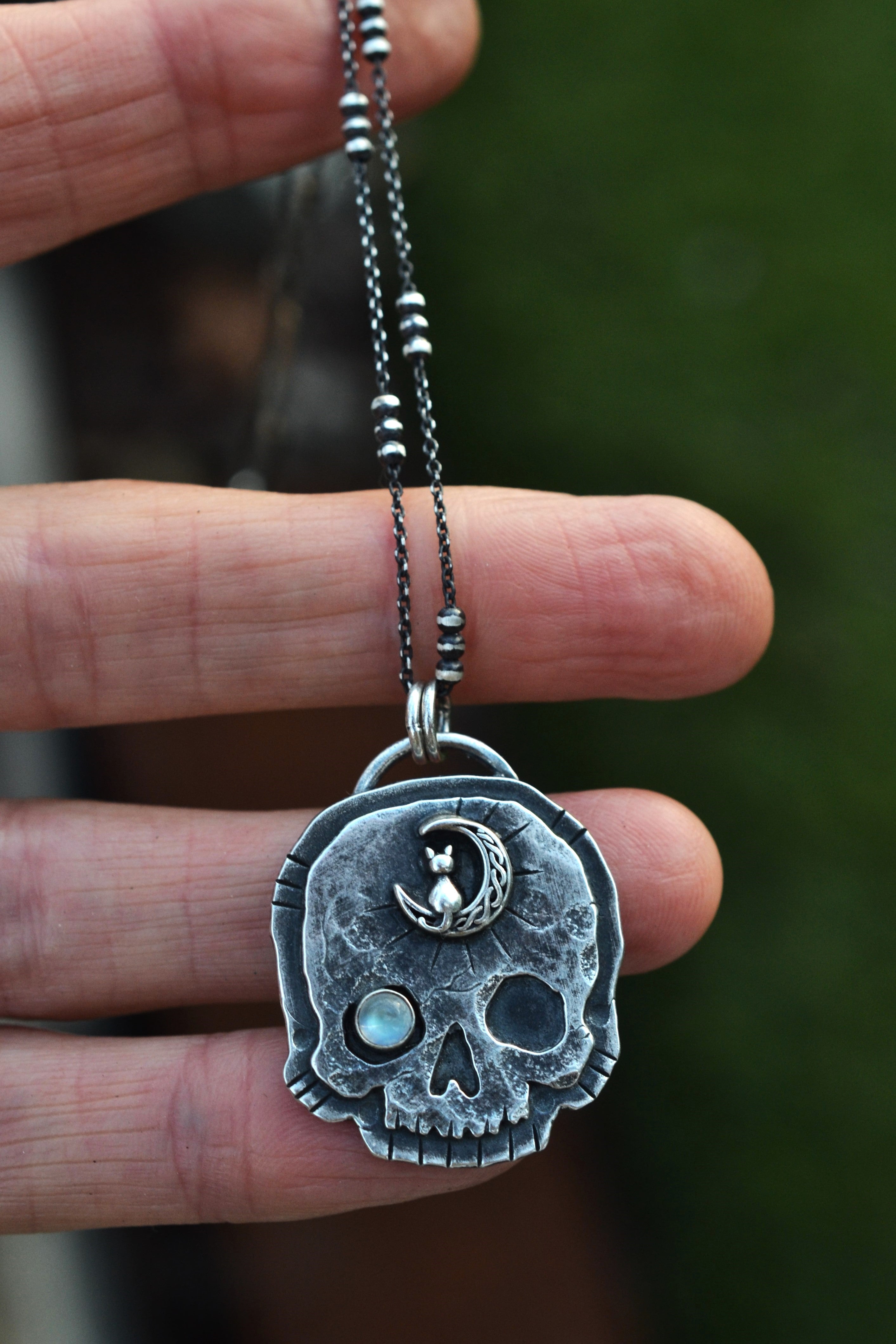Skull Charm - Cat in Moon - Rainbow Moonstone - 18" Chain Included