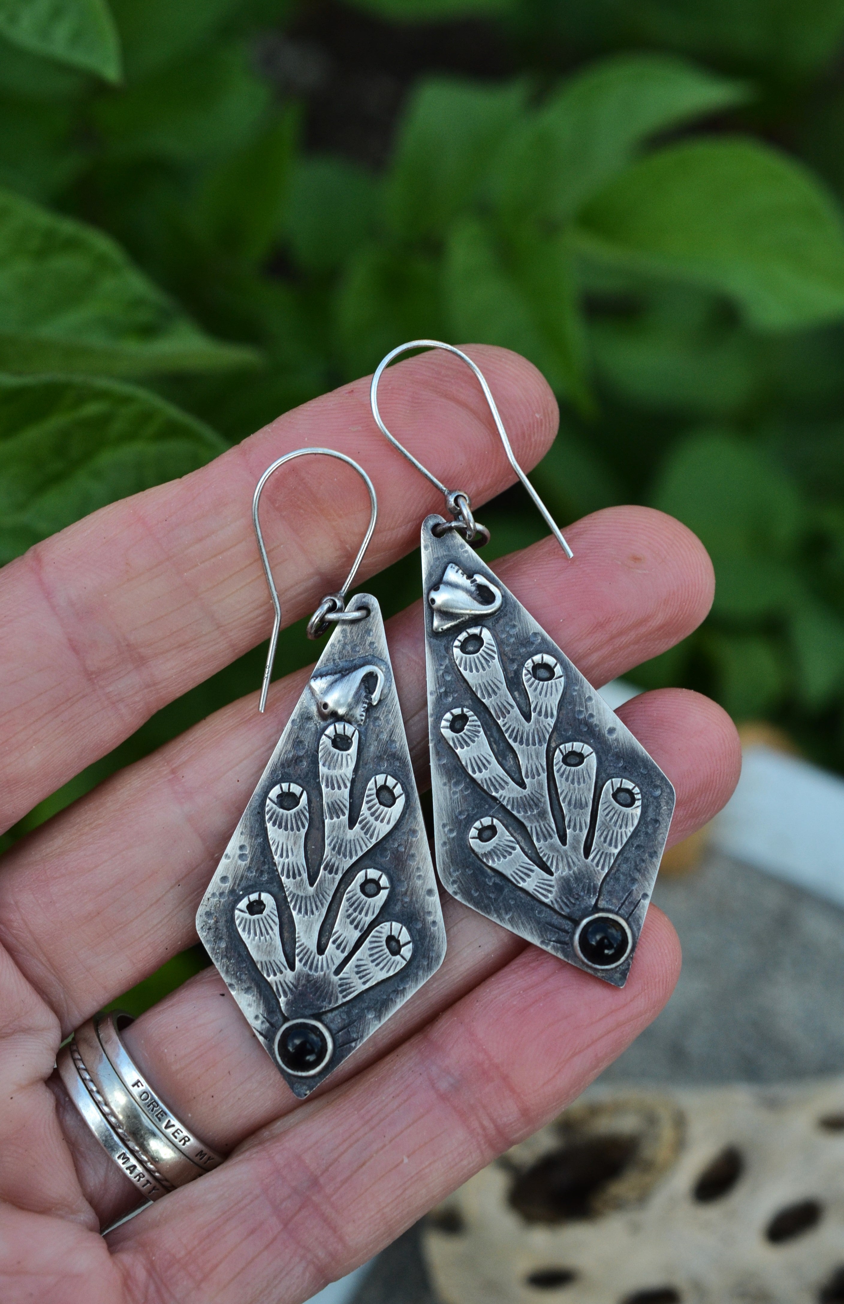 Sting Ray Sea Coral Dangle Earrings - Black Onyx