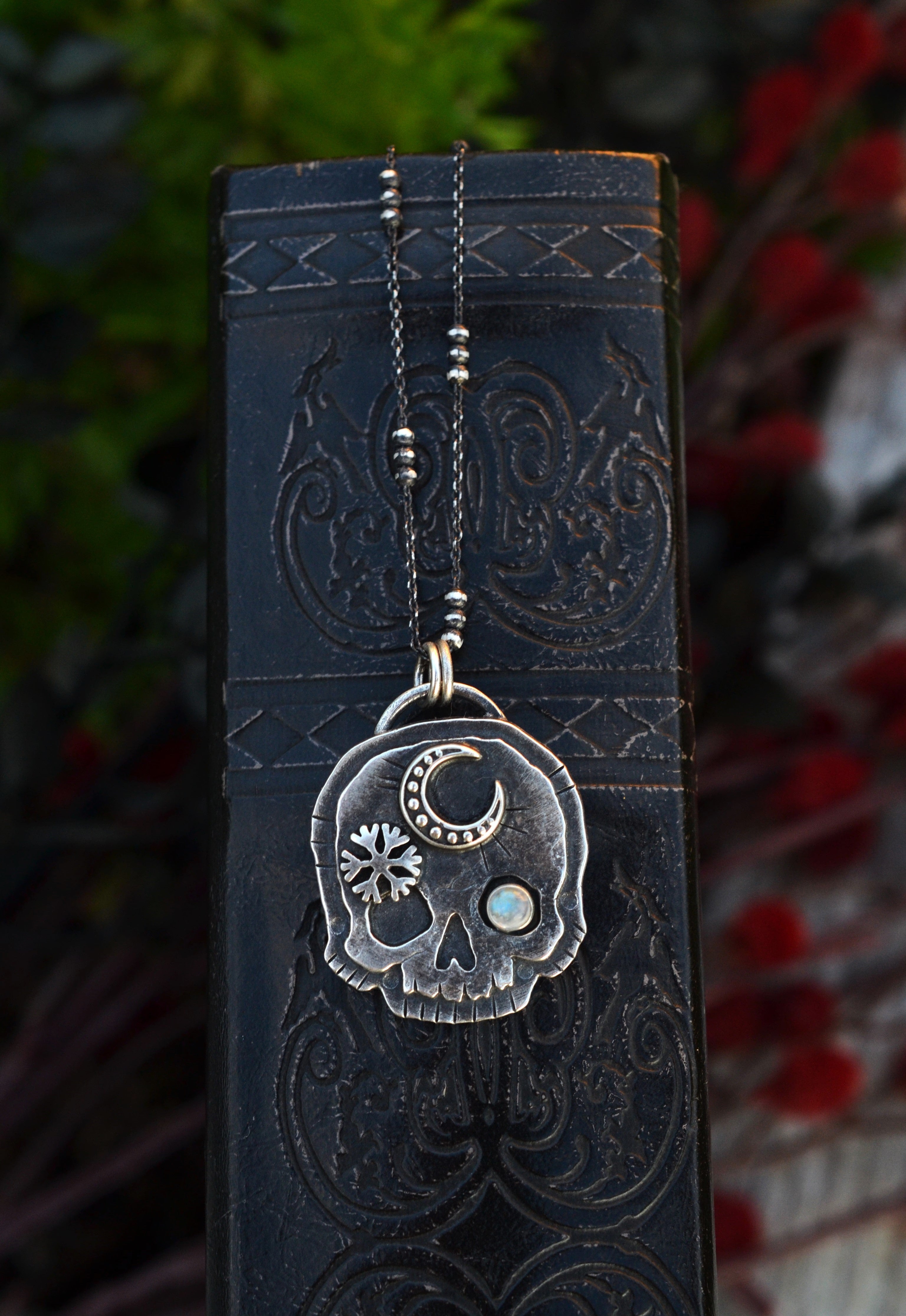 Skull Charm - Crescent Moon/Snowflake - Rainbow Moonstone - 20" Chain Included