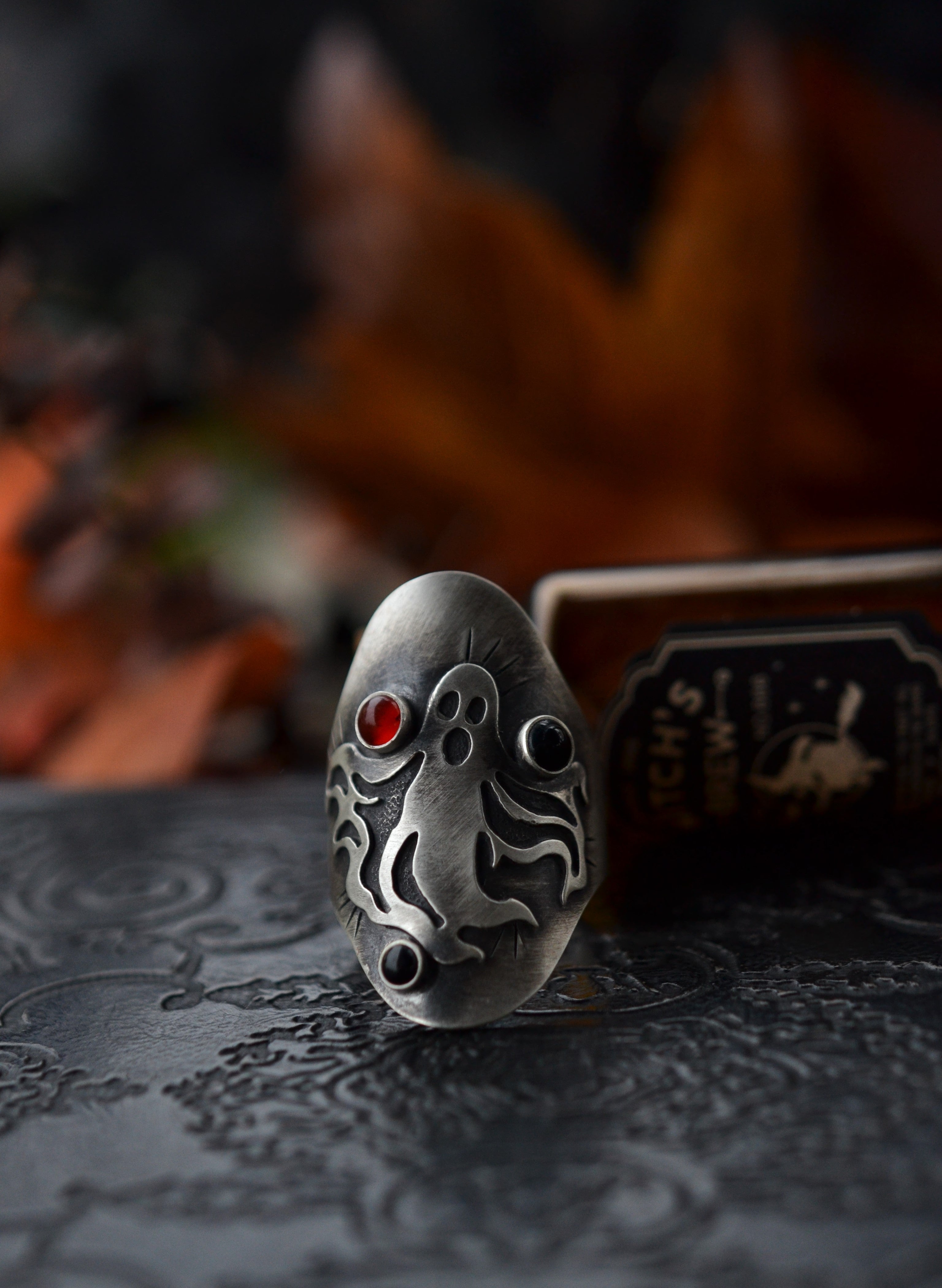 Spooky Spirit Ring  - Carnelian and Black Onyx Gemstones - Will Fit Like a Size 8.5