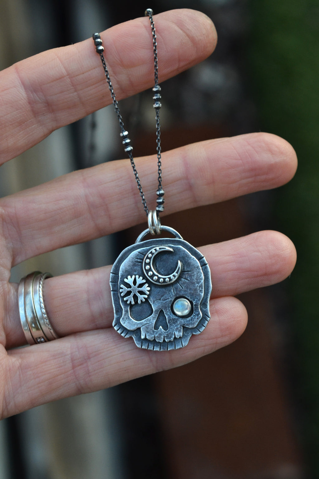 Skull Charm - Crescent Moon/Snowflake - Rainbow Moonstone - 20" Chain Included