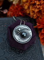 Hallows Eve Moon - Spider and Web Necklace - Hematite - 16" Chain Included