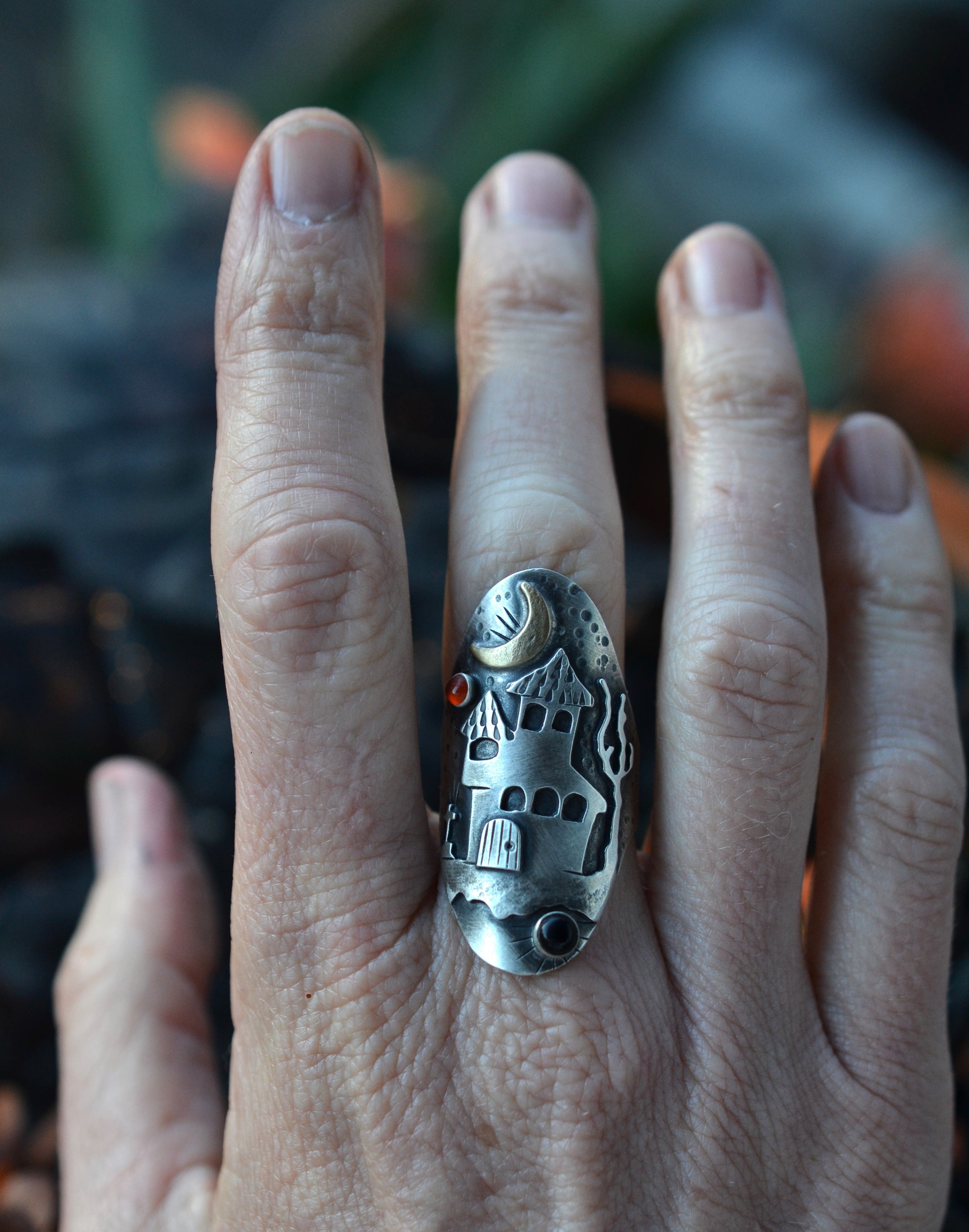 Haunted Witch House Ring - Black Onyx and Carnelian - Will fit like a size 8