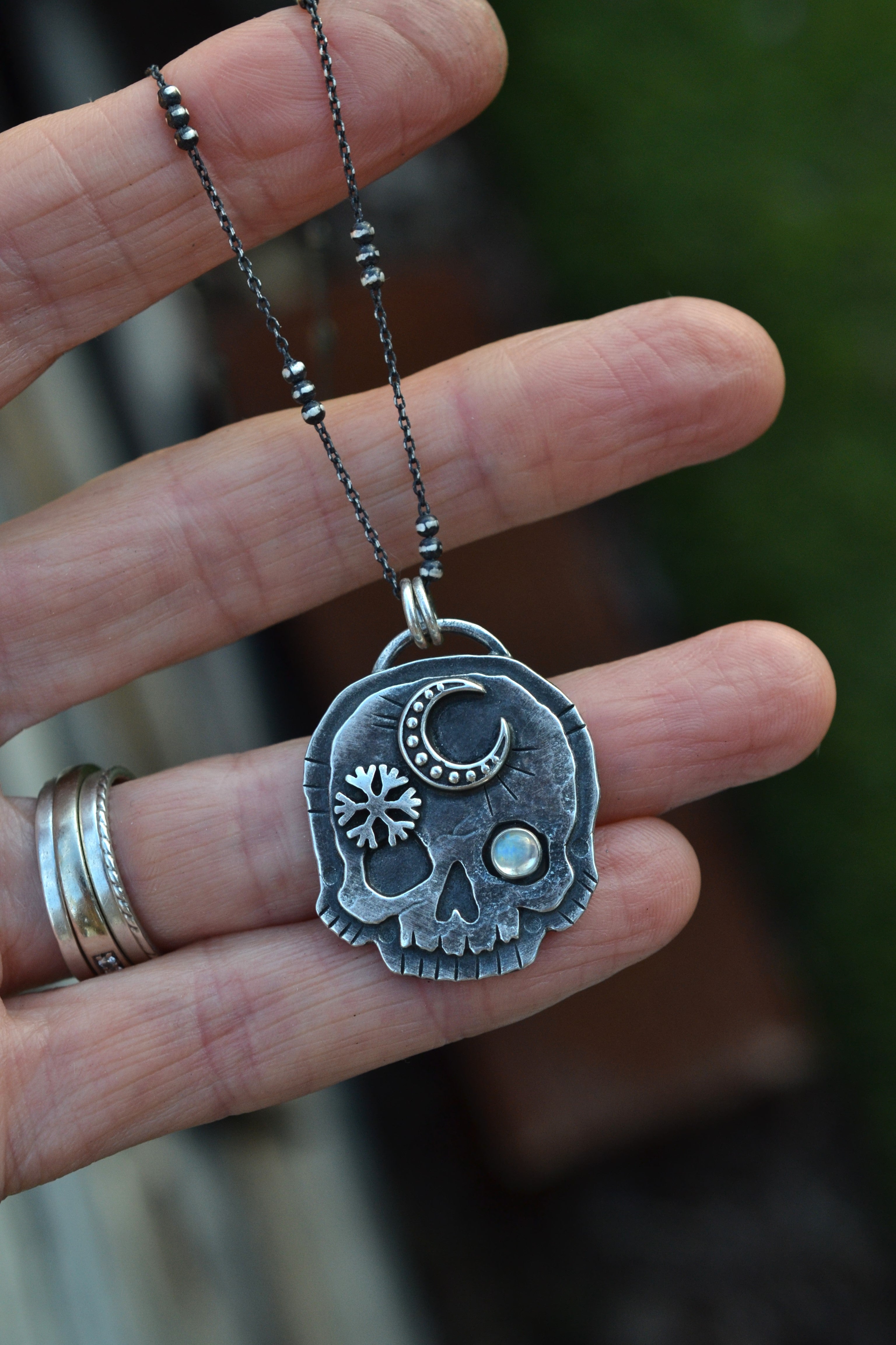 Skull Charm - Crescent Moon/Snowflake - Rainbow Moonstone - 20" Chain Included