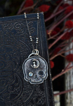 Skull Charm - Cat in Moon - Rainbow Moonstone - 18" Chain Included