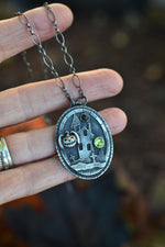 Haunted House Necklace - Bat-o-Lantern - Black Star Diopside and Peridot - 16" Chain