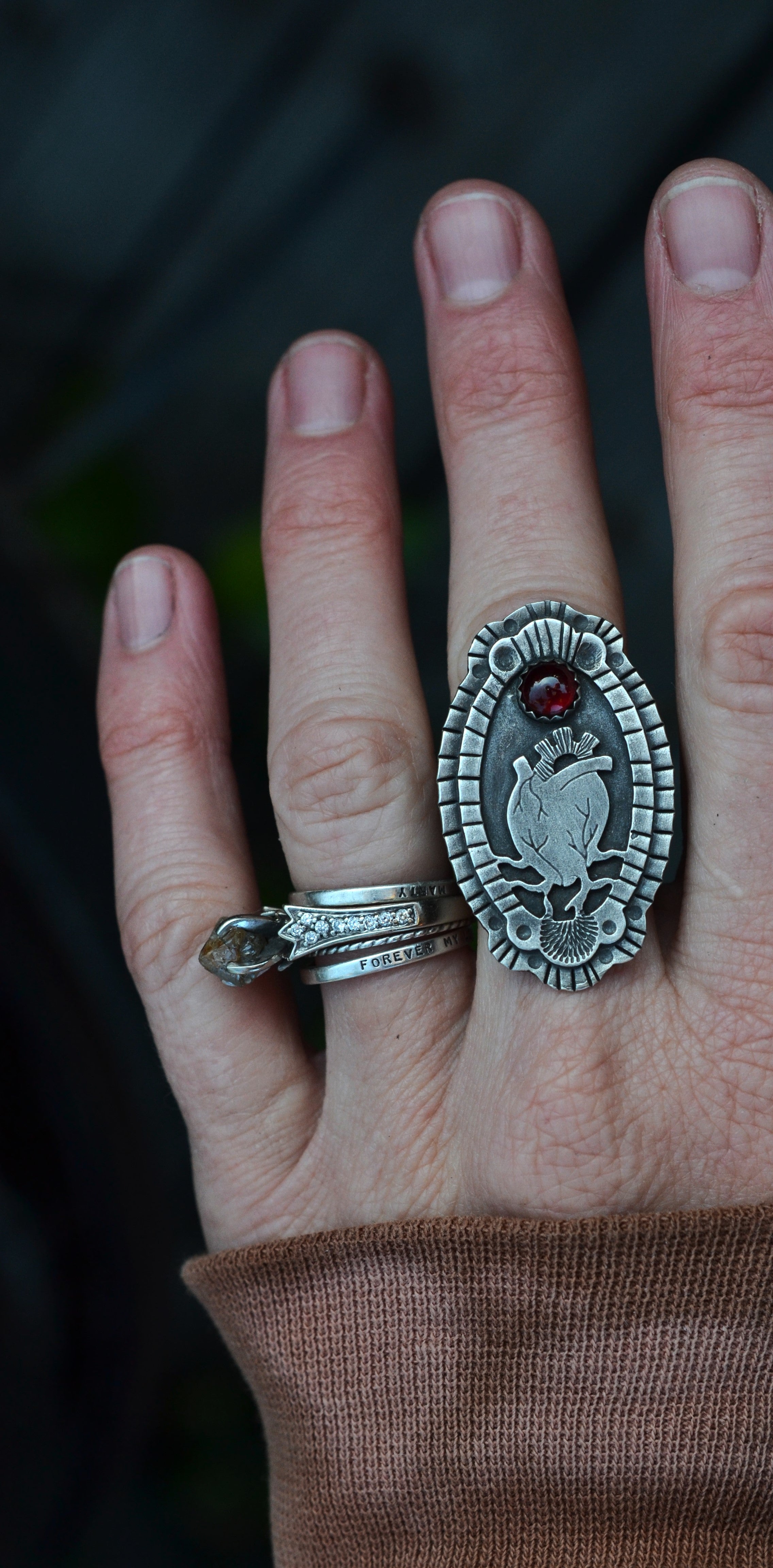 Anatomical Heart Cameo Ring - Garnet - Size 10