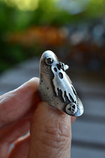 Ghastly Ghost Ring with Flying Bat and Skull  - Hematite  - Will Fit Like a Size 6.5