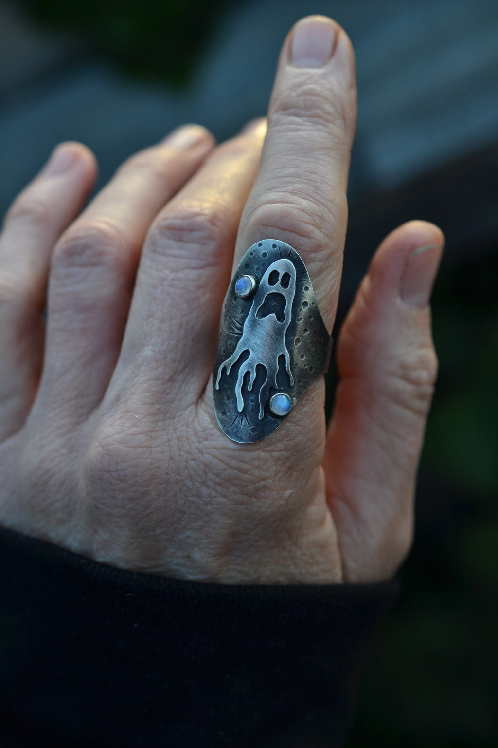 Ghastly Ghost Ring - Rainbow Moonstone - Size 10.5