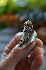 Ghastly Ghost Ring with Flying Bat and Skull  - Hematite  - Will Fit Like a Size 6.5