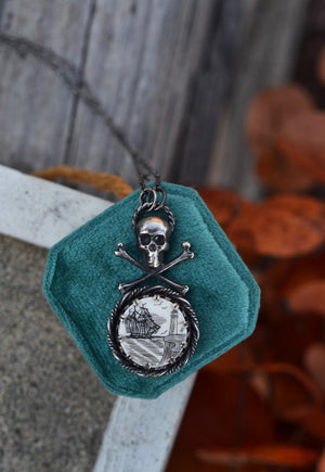 Jolly Roger Scrimshaw Ship Necklace - Sterling Silver - Adjustable Chain at 20" and 22"