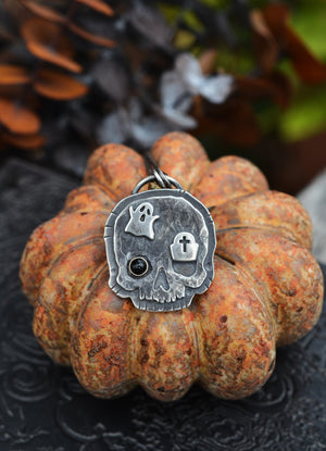 Halloween Skull Charm - Ghost/Tombstone -  Black Onyx- 18" Chain Included