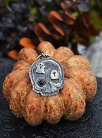 Halloween Skull Charm - Ghost/Tombstone -  Black Onyx- 18" Chain Included