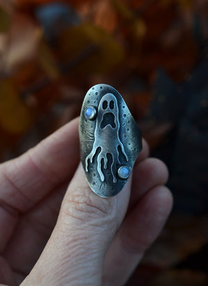 Ghastly Ghost Ring - Rainbow Moonstone - Size 10.5