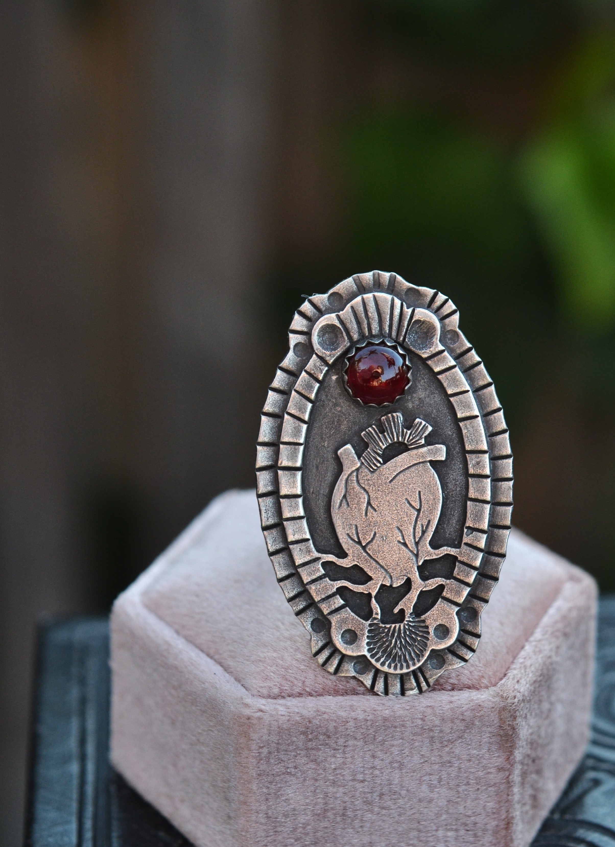 Anatomical Heart Cameo Ring - Garnet - Size 10