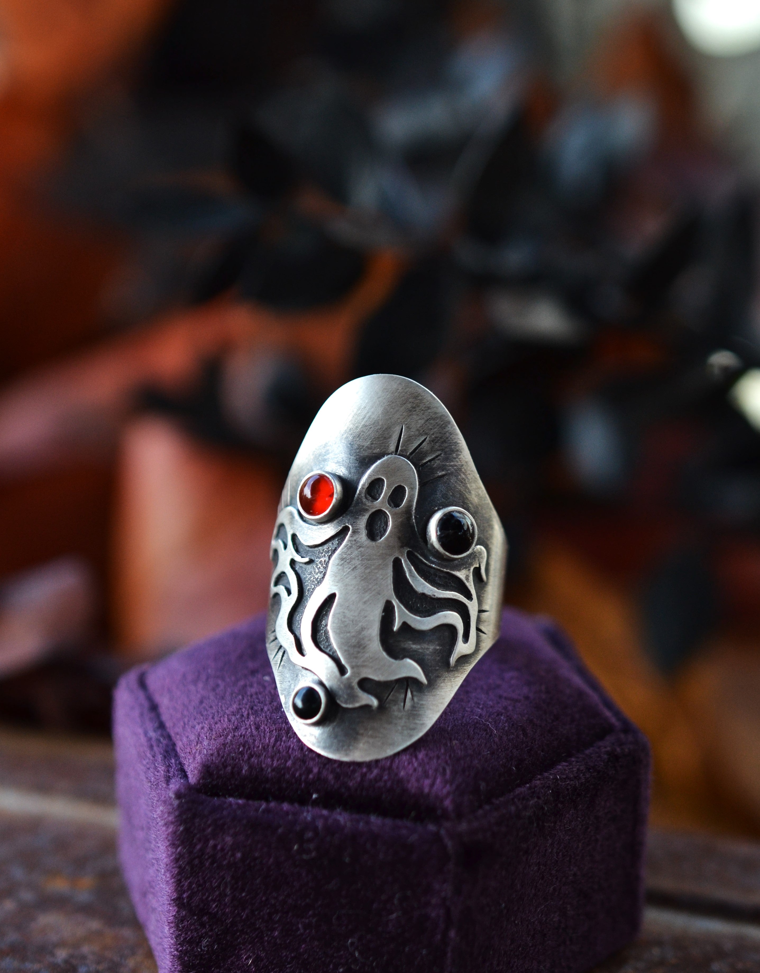 Spooky Spirit Ring  - Carnelian and Black Onyx Gemstones - Will Fit Like a Size 8.5