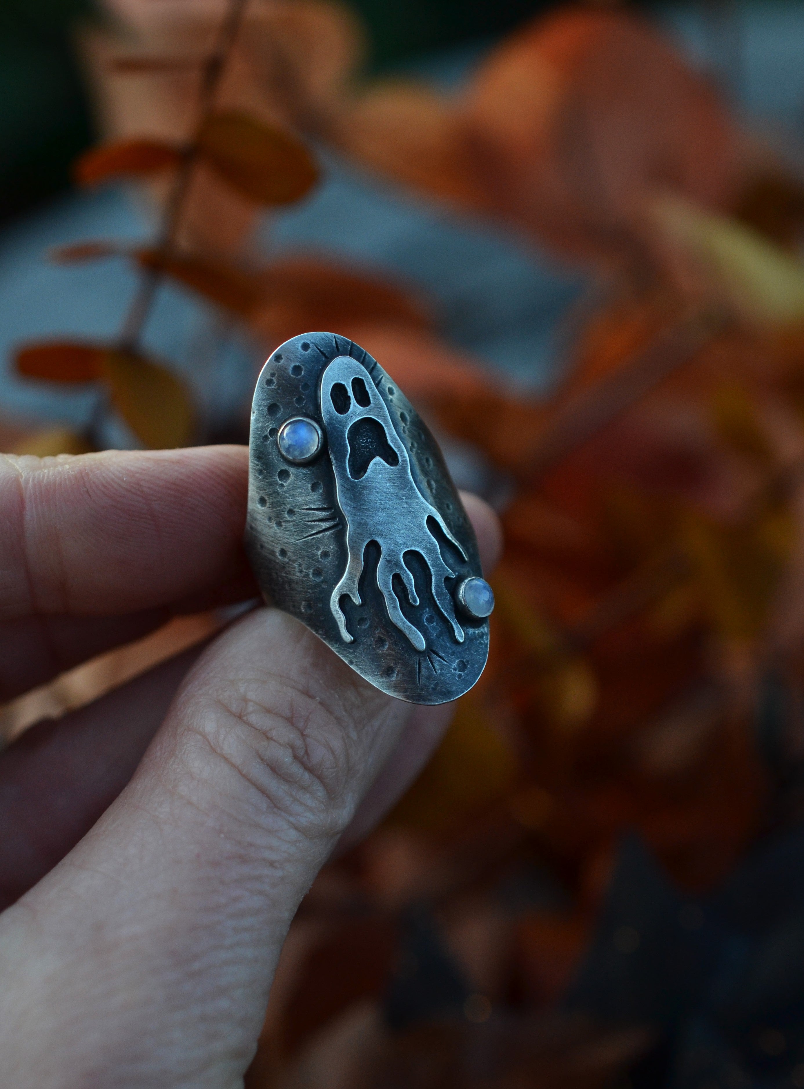 Ghastly Ghost Ring - Rainbow Moonstone - Size 10.5