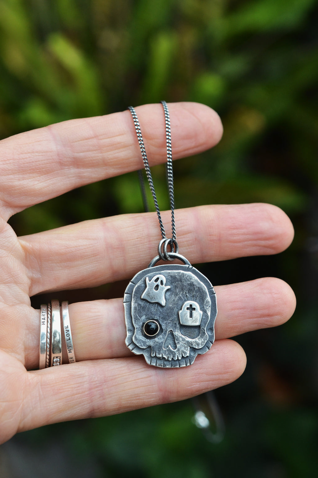 Halloween Skull Charm - Ghost/Tombstone -  Black Onyx- 18" Chain Included