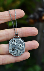 Halloween Skull Charm - Ghost/Tombstone -  Black Onyx- 18" Chain Included