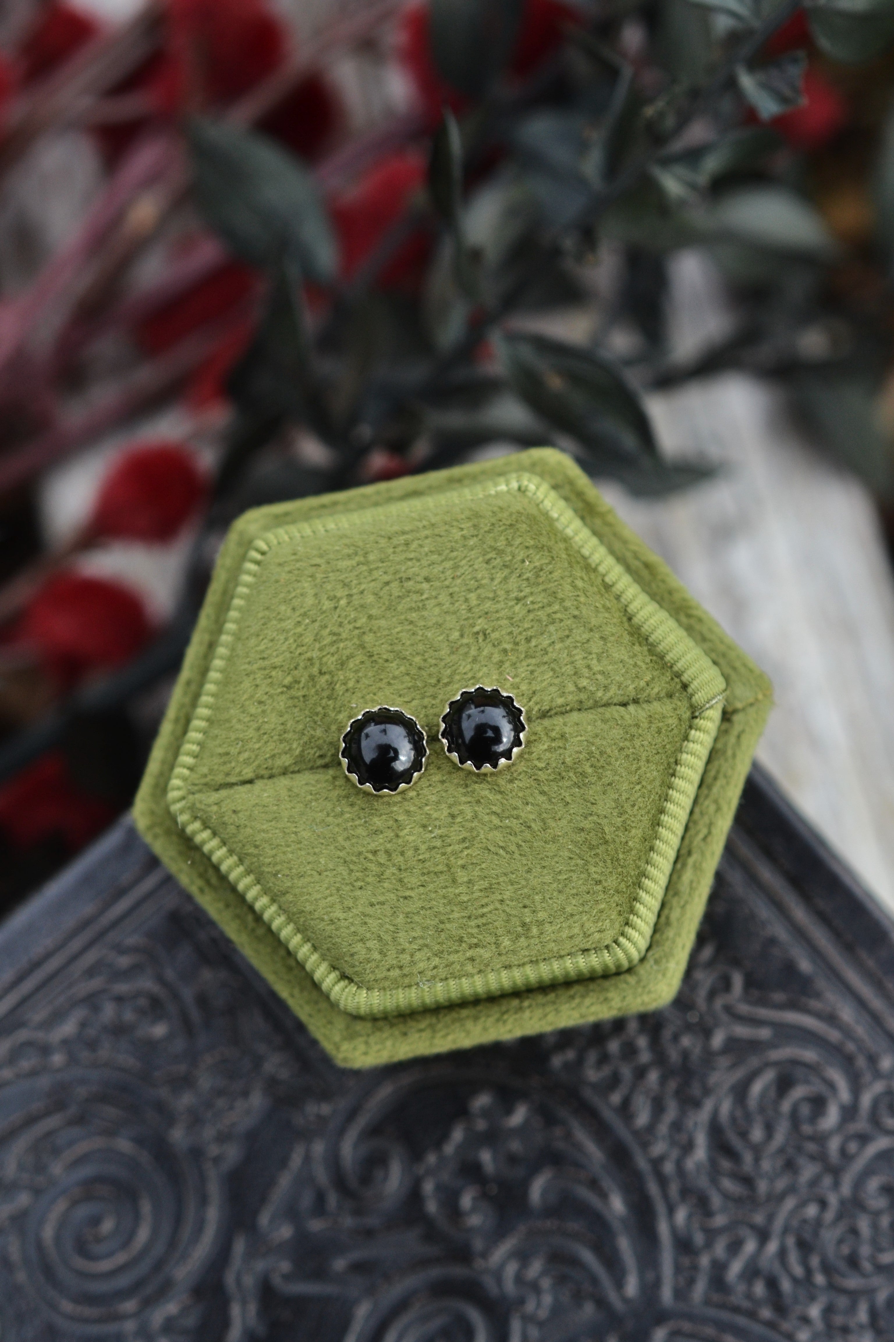 One Pair of Black Onyx Stud Earrings - 6mm Round - Sterling Silver