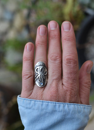 Jellyfish Saddle Ring - Will fit like a Size 7.5 - Rainbow Moonstone